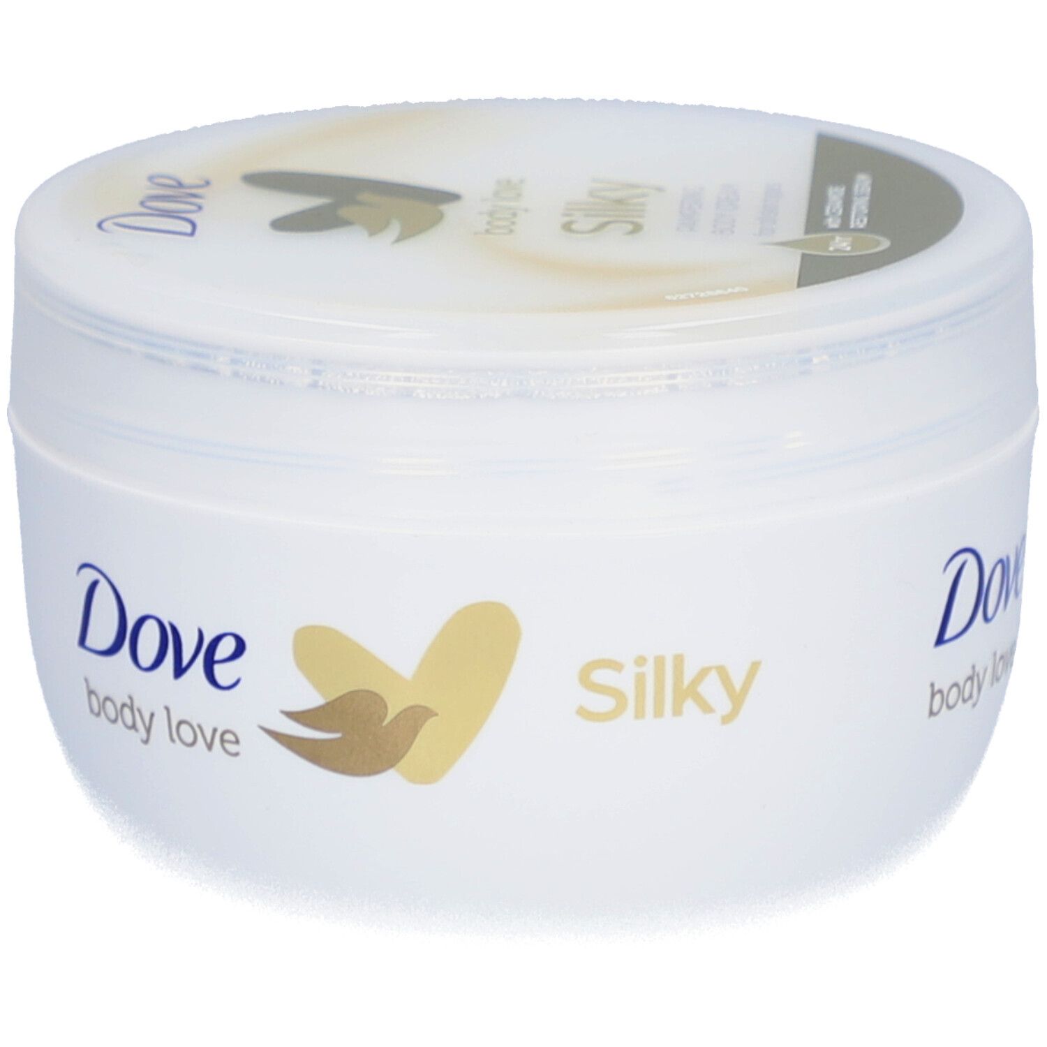 Pot blanc avec logo Dove et inscription "Silky". Couvercle avec nom du produit. Logo doré.