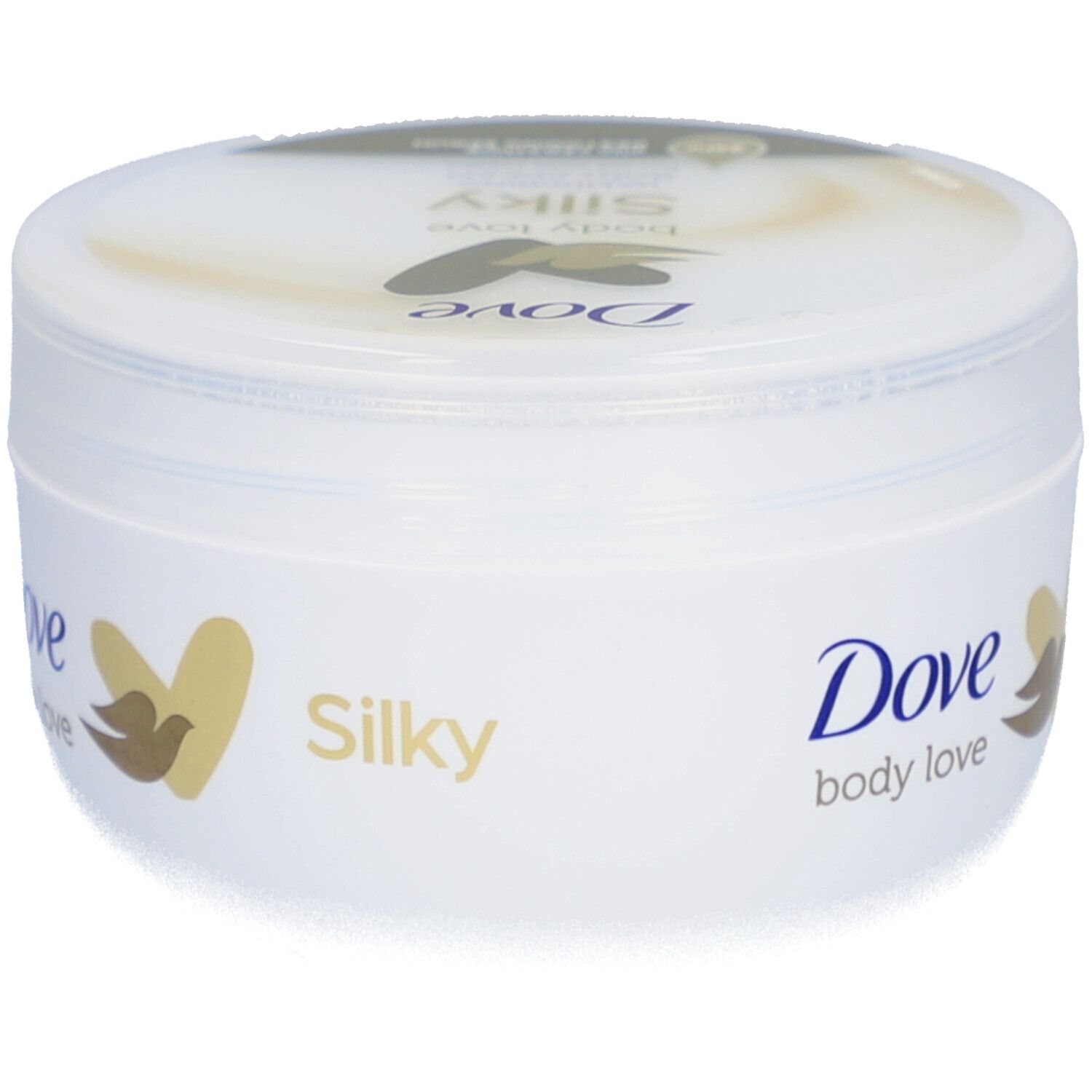 Pot blanc avec logo Dove et inscription "Silky". Couvercle avec nom du produit. Logo doré.