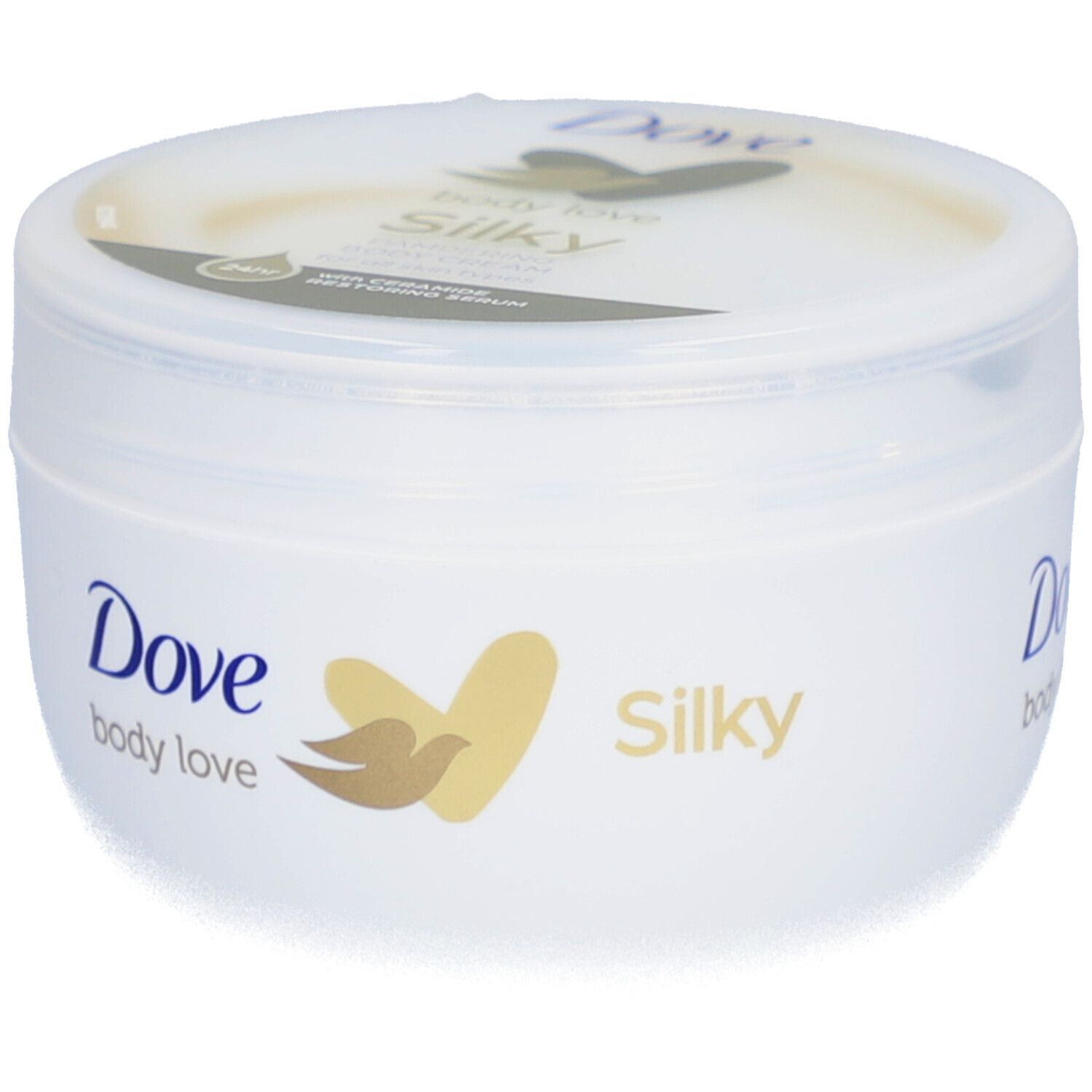 Pot blanc avec logo Dove et inscription "Silky". Couvercle avec nom du produit. Logo doré.