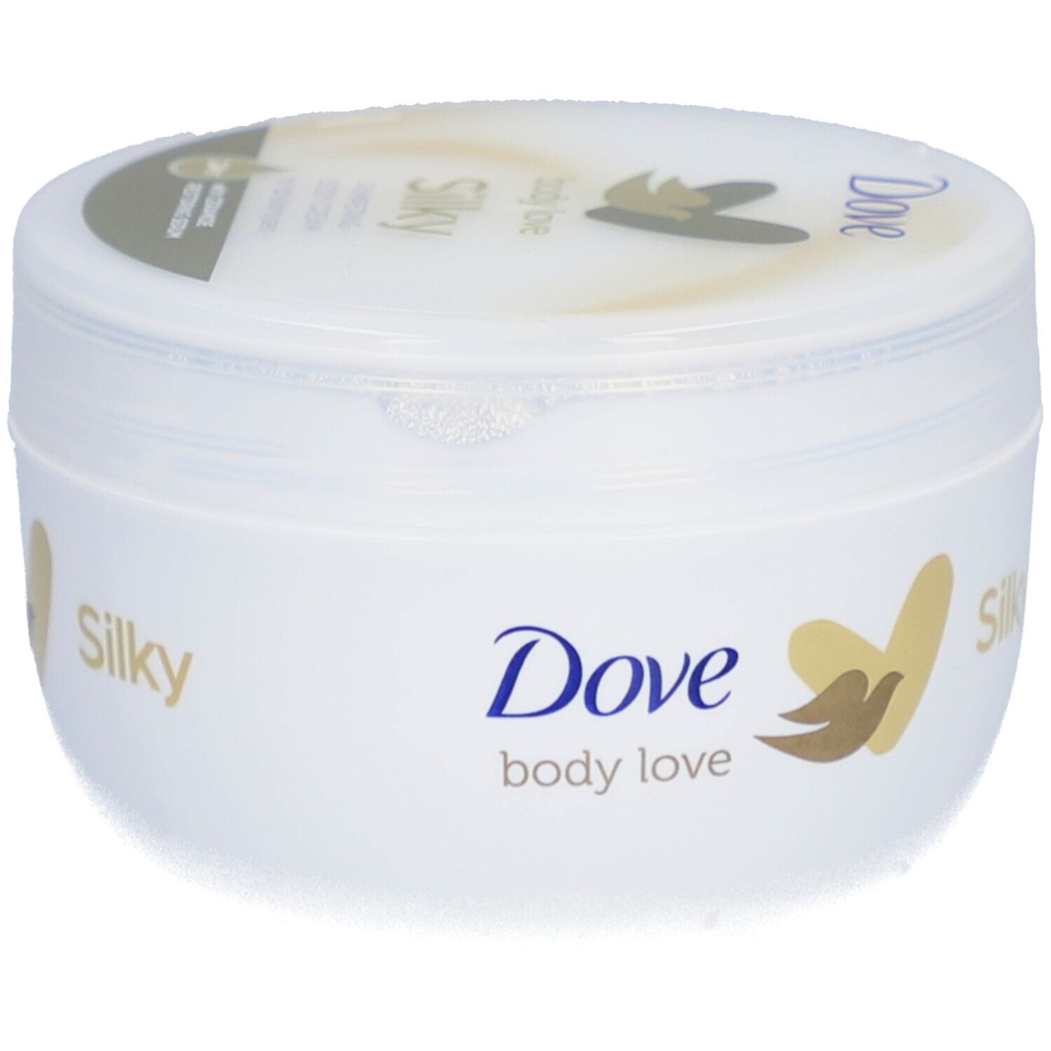 Pot blanc avec logo Dove et inscription "Silky". Couvercle avec nom du produit. Logo doré.