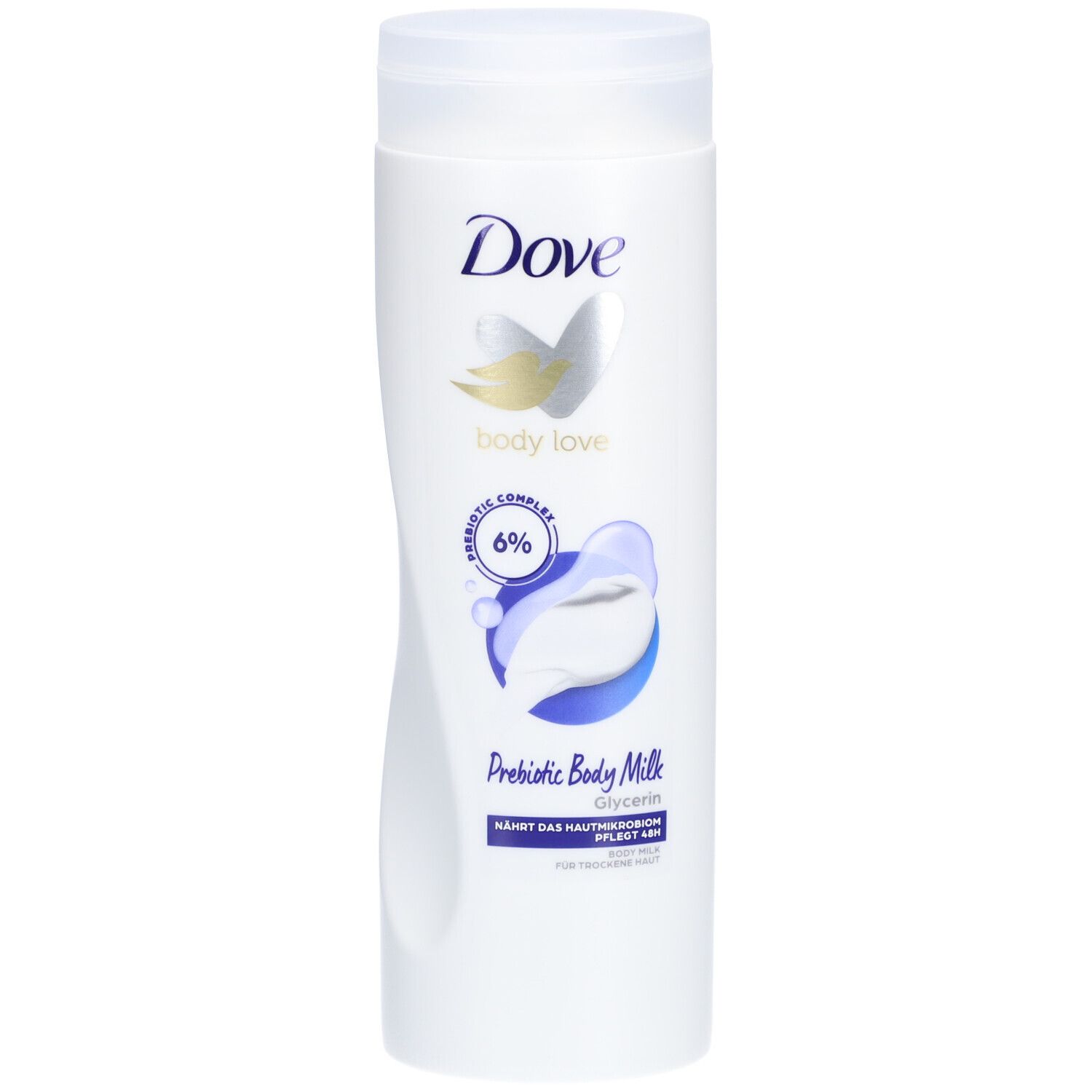 Weiße Flasche mit Dove-Logo und Produktbezeichnung. "body love" und "Prebiotic Body Milk" sind sichtbar. 6% Prebiotic Complex.