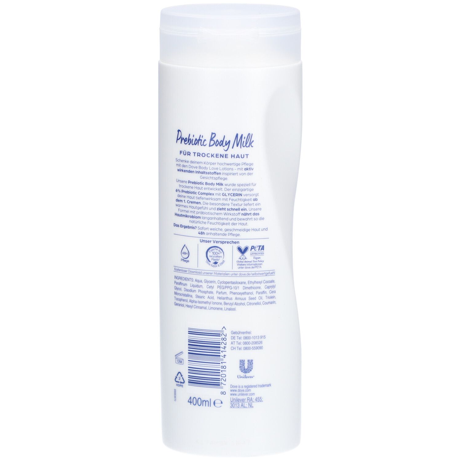 Rückseite der weißen Flasche. Text: "Prebiotic Body Milk für trockene Haut". Inhaltsstoffe und Logos sind ebenfalls sichtbar.