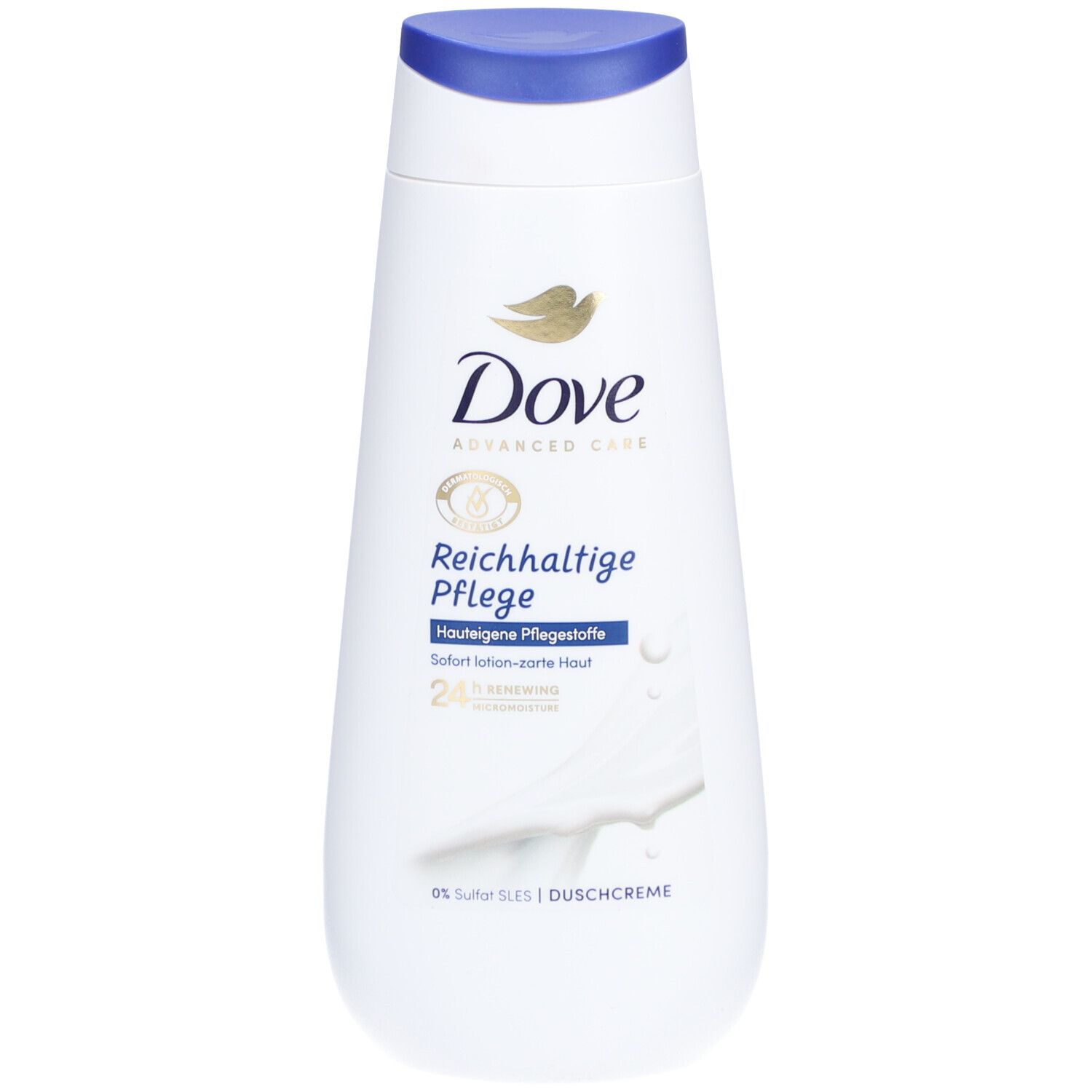 Weiße Flasche mit blauem Deckel. Dove-Logo und Produktbezeichnung. Text: Reichhaltige Pflege, Hauteigene Pflegestoffe.