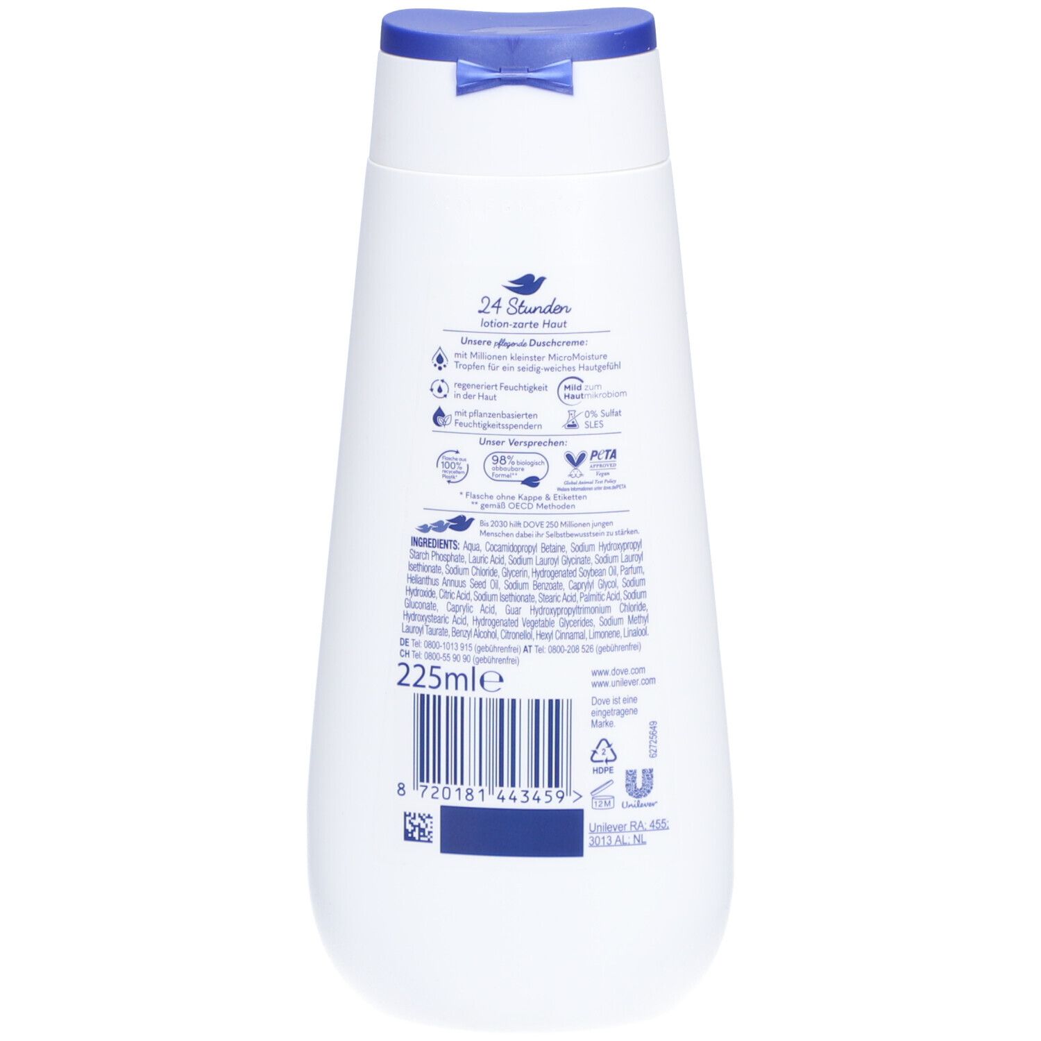 Rückseite der weißen Flasche. Text und Symbole. Inhaltsstoffe und Barcode. Volumen: 225ml.