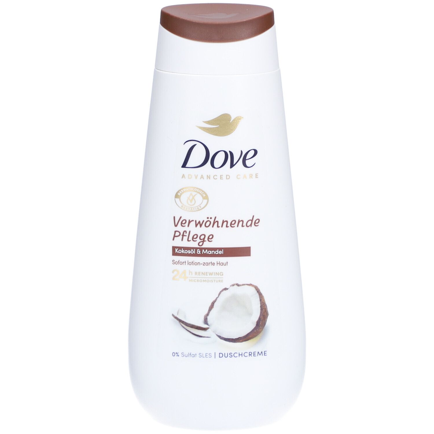 Weiße Flasche mit braunem Deckel. Dove-Logo und Produktbezeichnung. Kokosnuss-Illustration.