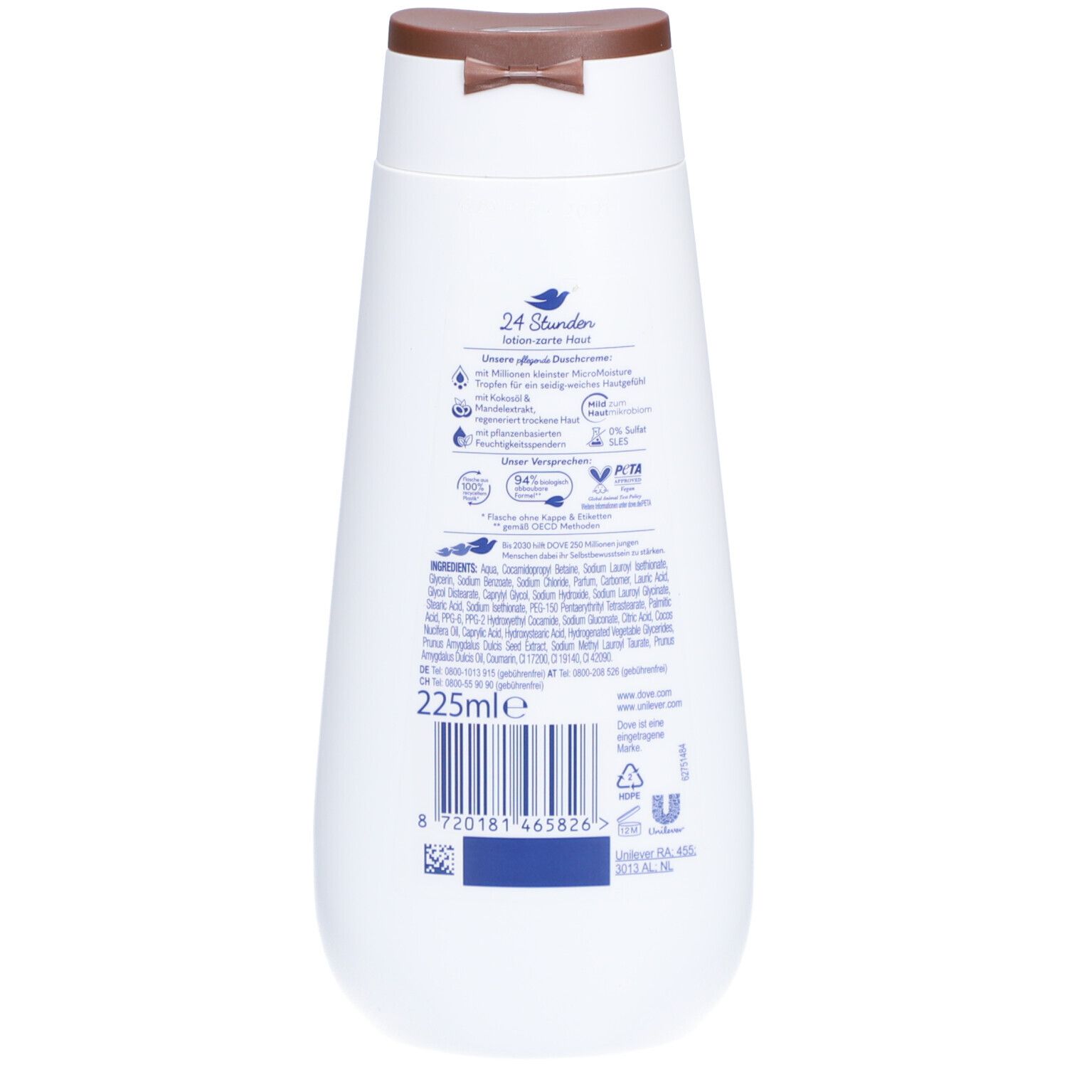 Rückseite der Flasche. Text mit Inhaltsstoffen und Informationen. Barcode und Volumenangabe.