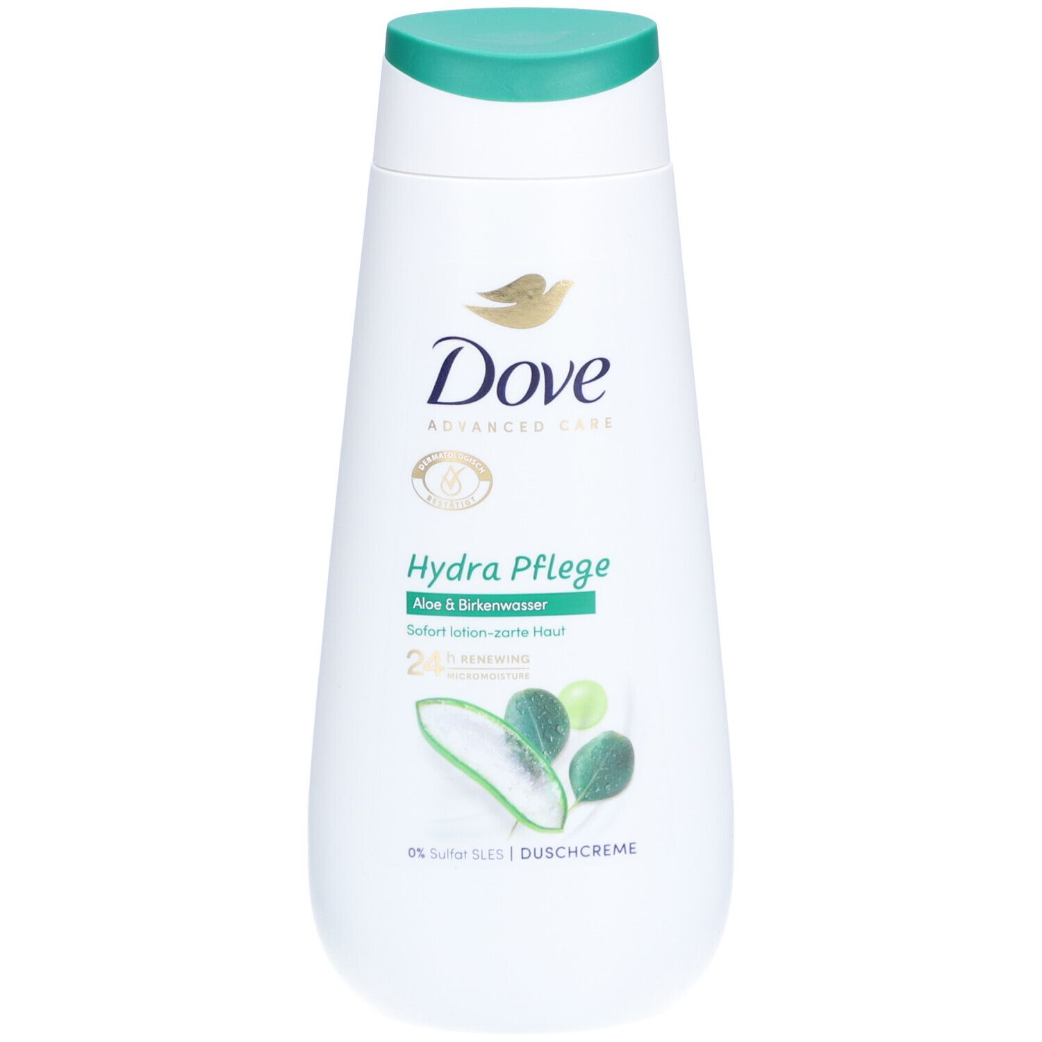 Weiße Flasche mit grünem Deckel. Dove Advanced Care Hydra Pflege Duschcreme, Aloe & Birkenwasser. Logo und Produktbezeichnung.