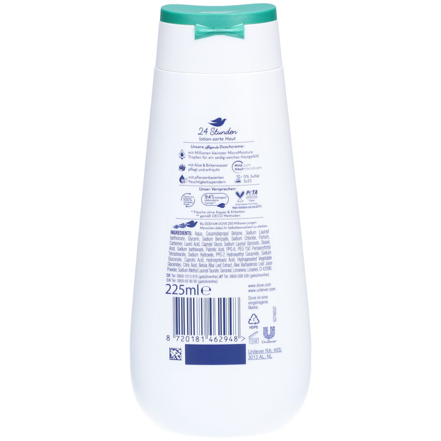 Rückseite der weißen Flasche. Text mit Inhaltsstoffen und Informationen. Barcode und Logo.