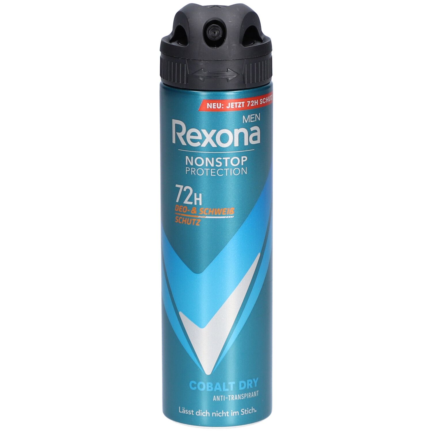 Blau-silberne Deospray-Dose mit schwarzem Sprühkopf. Beschriftung: Rexona Men Nonstop Protection 72H Deo- & Schweiß Schutz. Cobalt Dry.
