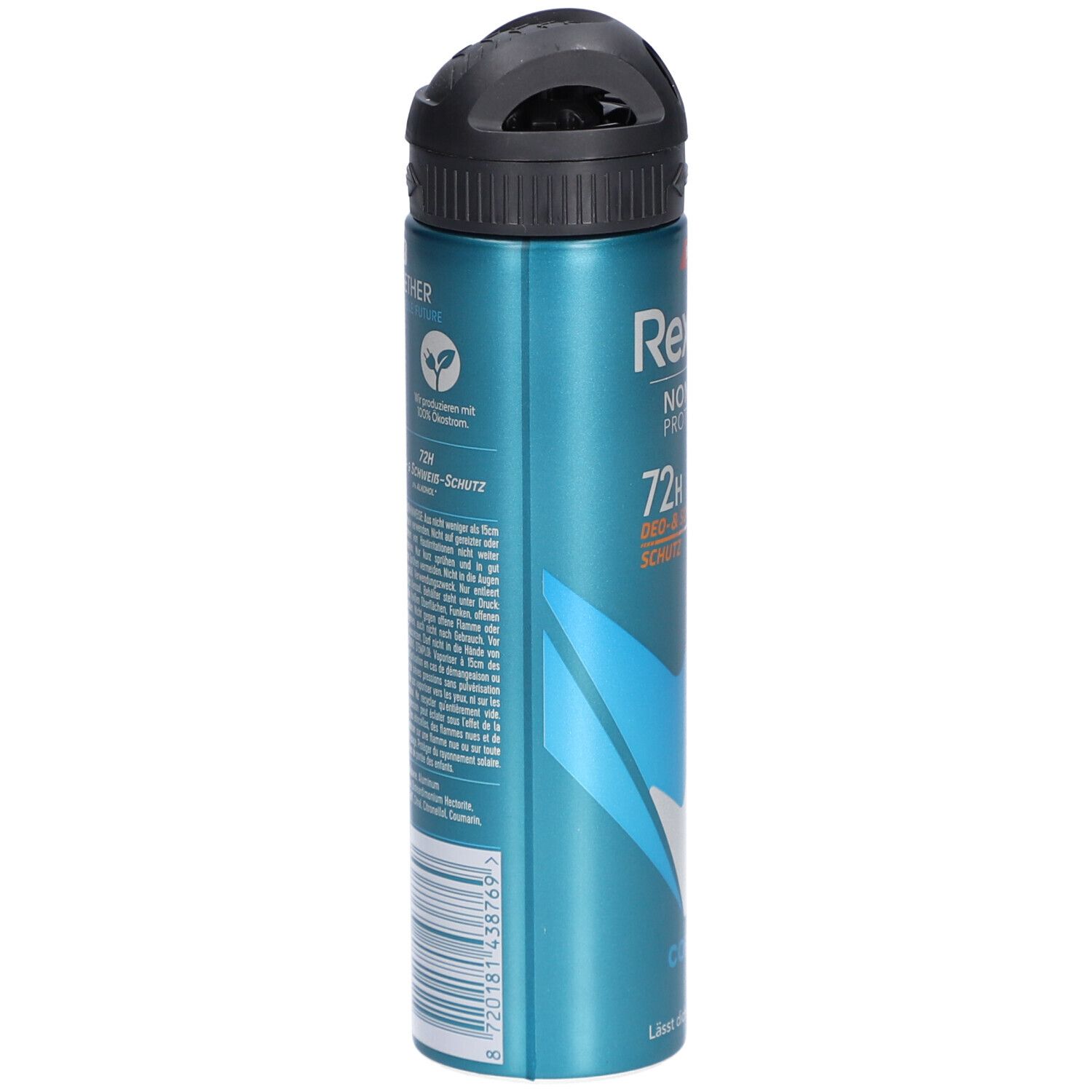 Deospray-Dose, blau-silber, mit schwarzem Sprühkopf. Rückseite mit Text und Logos. Beschriftung: Rexona Nonstop Protection 72H Deo- & Schweiß Schutz.