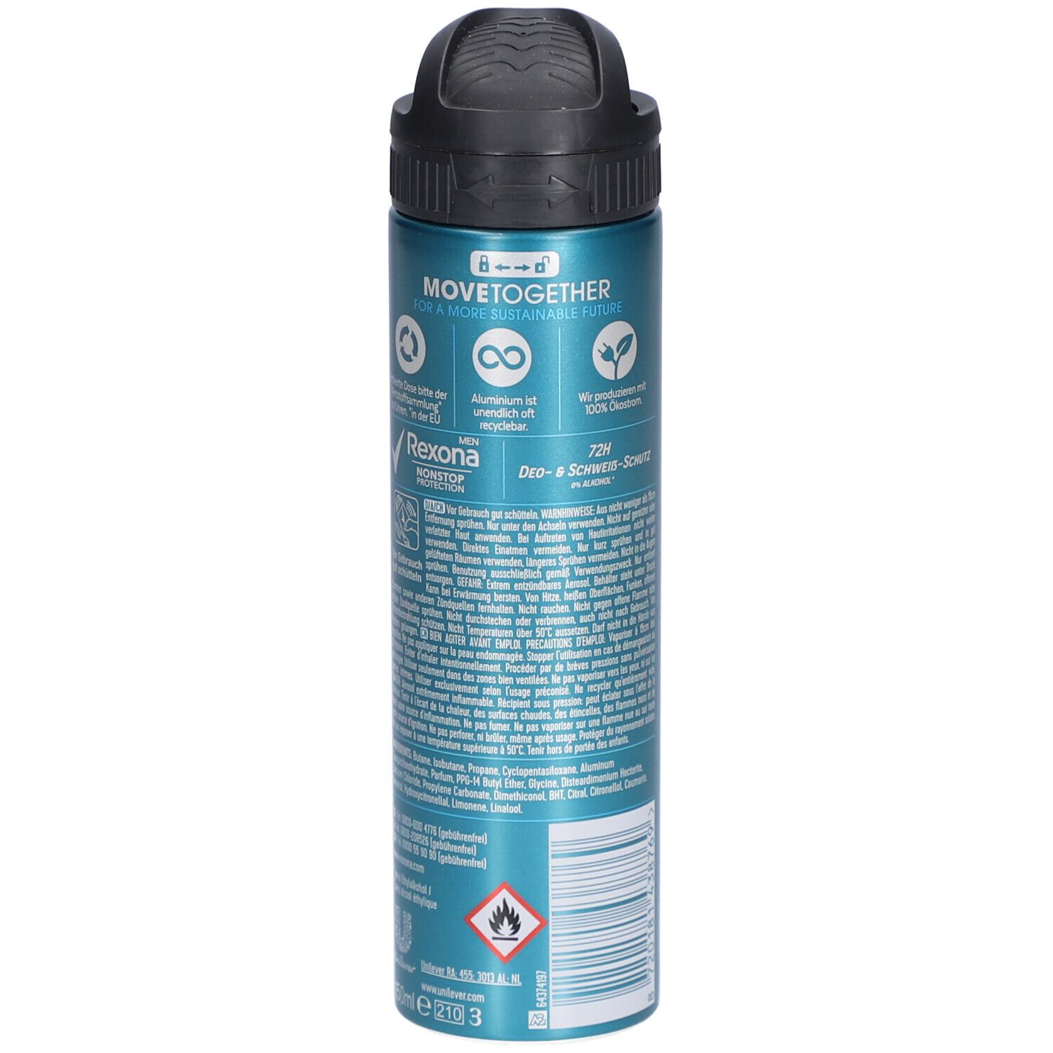 Deospray-Dose, blau-silber, mit schwarzem Sprühkopf. Rückseite mit Text, Logos und Warnhinweisen. Beschriftung: Rexona Nonstop Protection 72H.