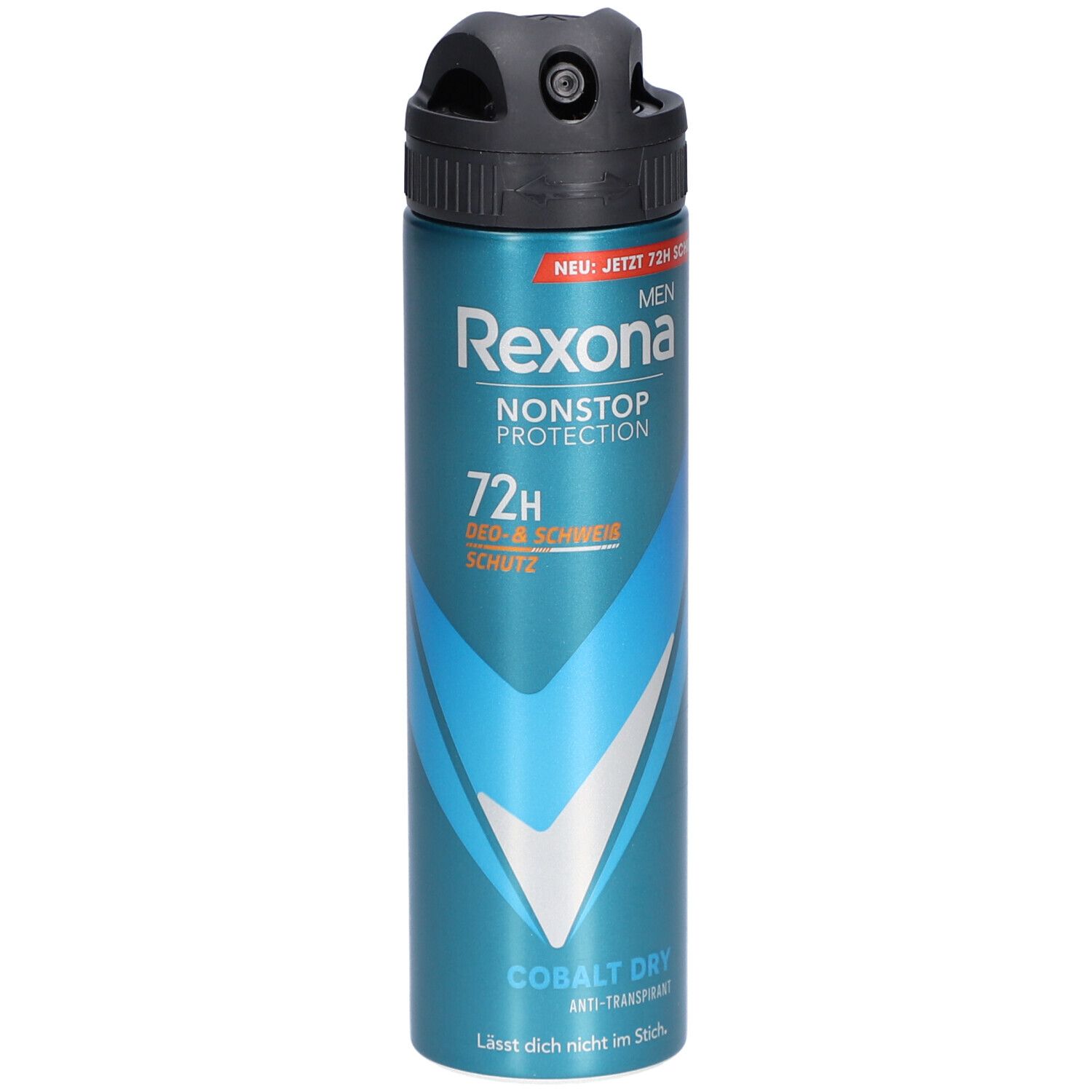 Blau-silberne Deospray-Dose mit schwarzem Sprühkopf. Beschriftung: Rexona Men Nonstop Protection 72H Deo- & Schweiß Schutz. Cobalt Dry.
