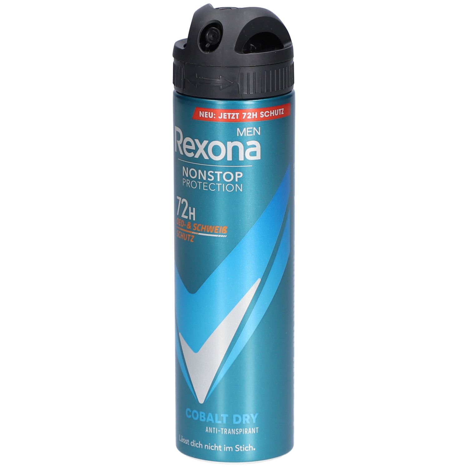 Blau-silberne Deospray-Dose mit schwarzem Sprühkopf. Beschriftung: Rexona Men Nonstop Protection 72H Deo- & Schweiß Schutz. Cobalt Dry.
