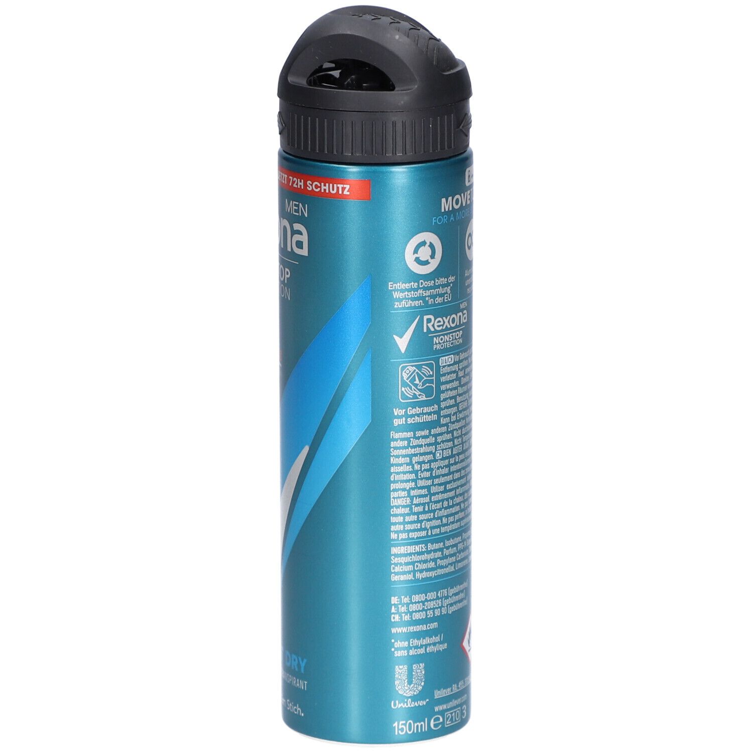 Deospray-Dose, blau-silber, mit schwarzem Sprühkopf. Rückseite mit Text, Logos und Volumenangabe 150ml. Beschriftung: Rexona Nonstop Protection 72H.