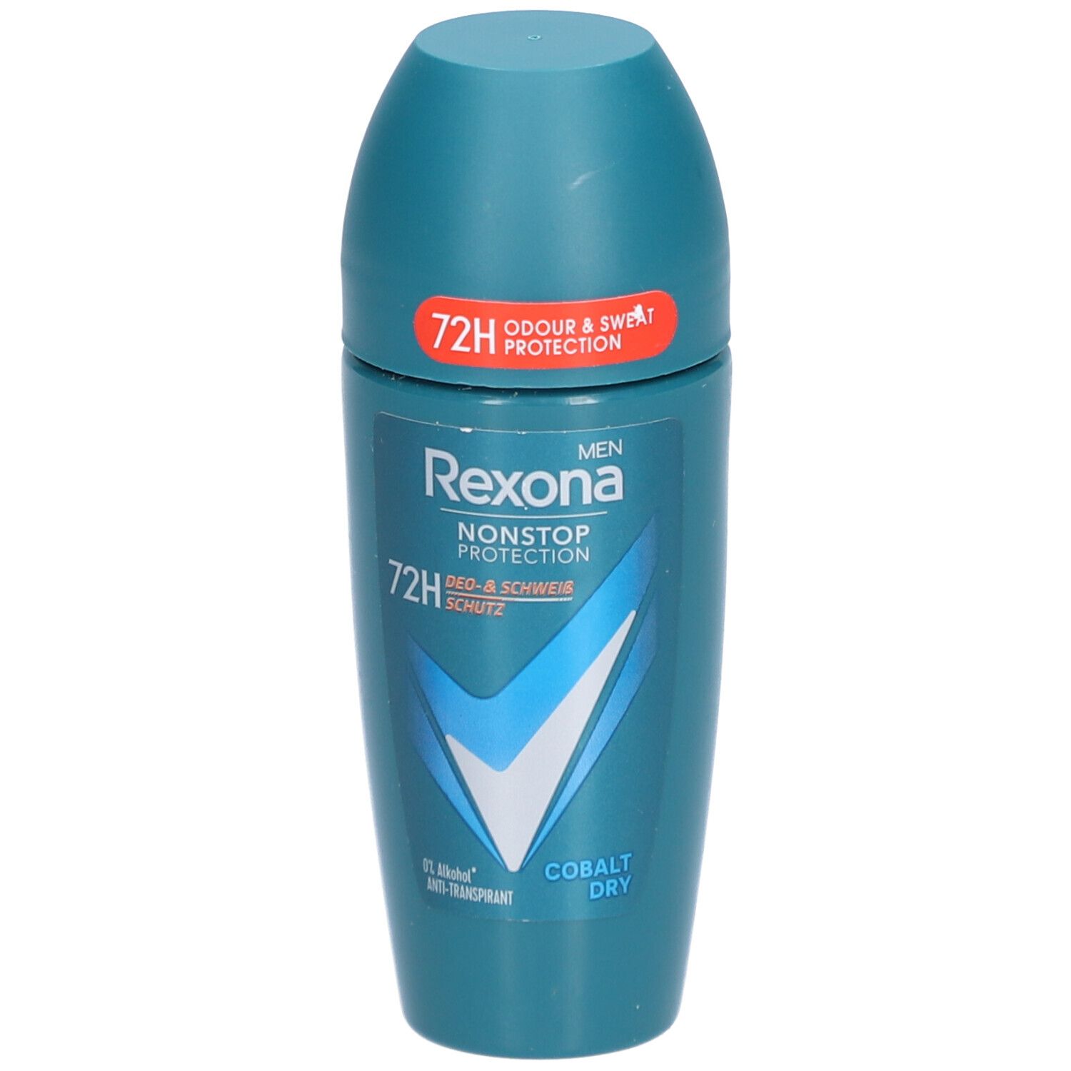 Blau-grüner Roll-on-Deo mit rotem Akzent. Aufschrift: Rexona Men, 72H, Cobalt Dry. Oben: 72H Odour & Sweat Protection.