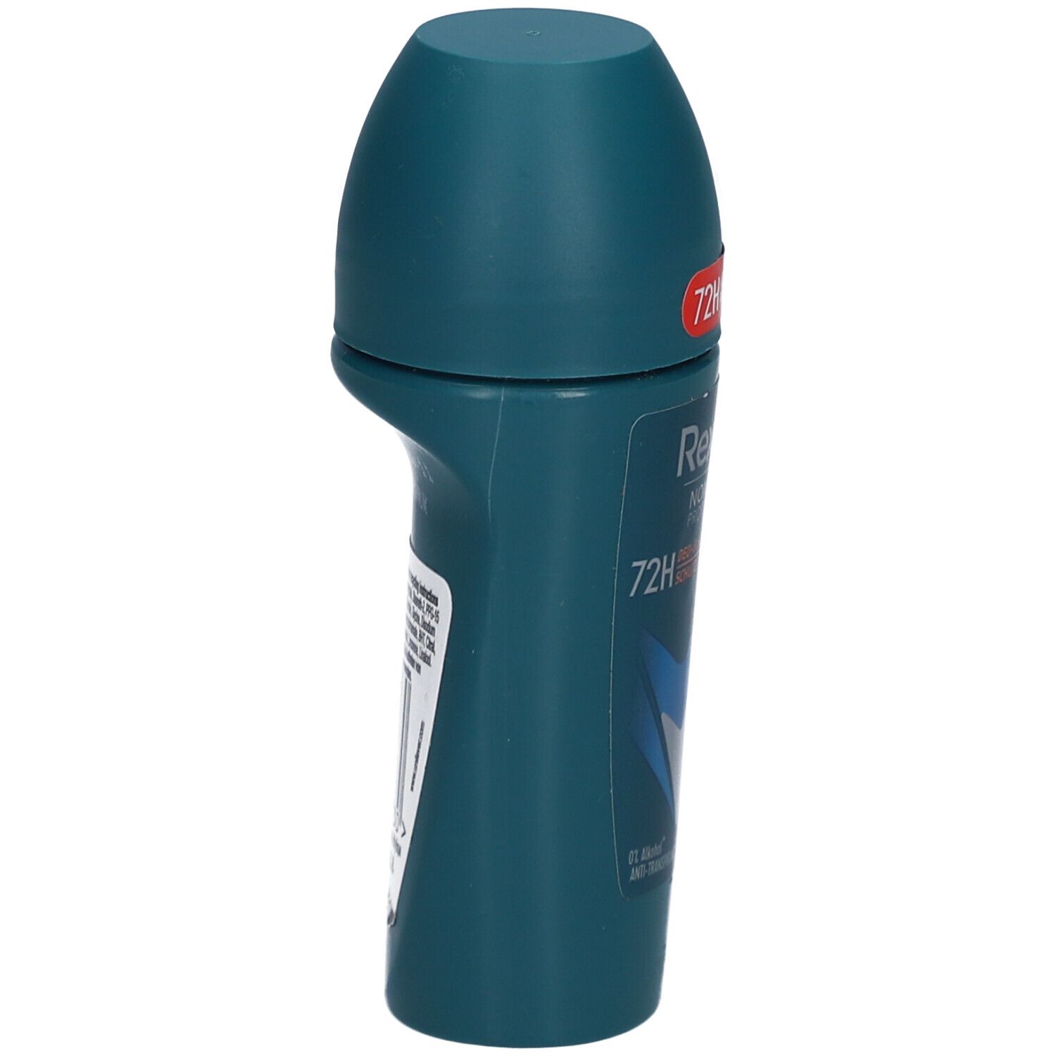 Blau-grüner Roll-on-Deo. Seitliche Ansicht. Aufschrift: Rexona Men, 72H. Oben: 72H Odour & Sweat Protection.