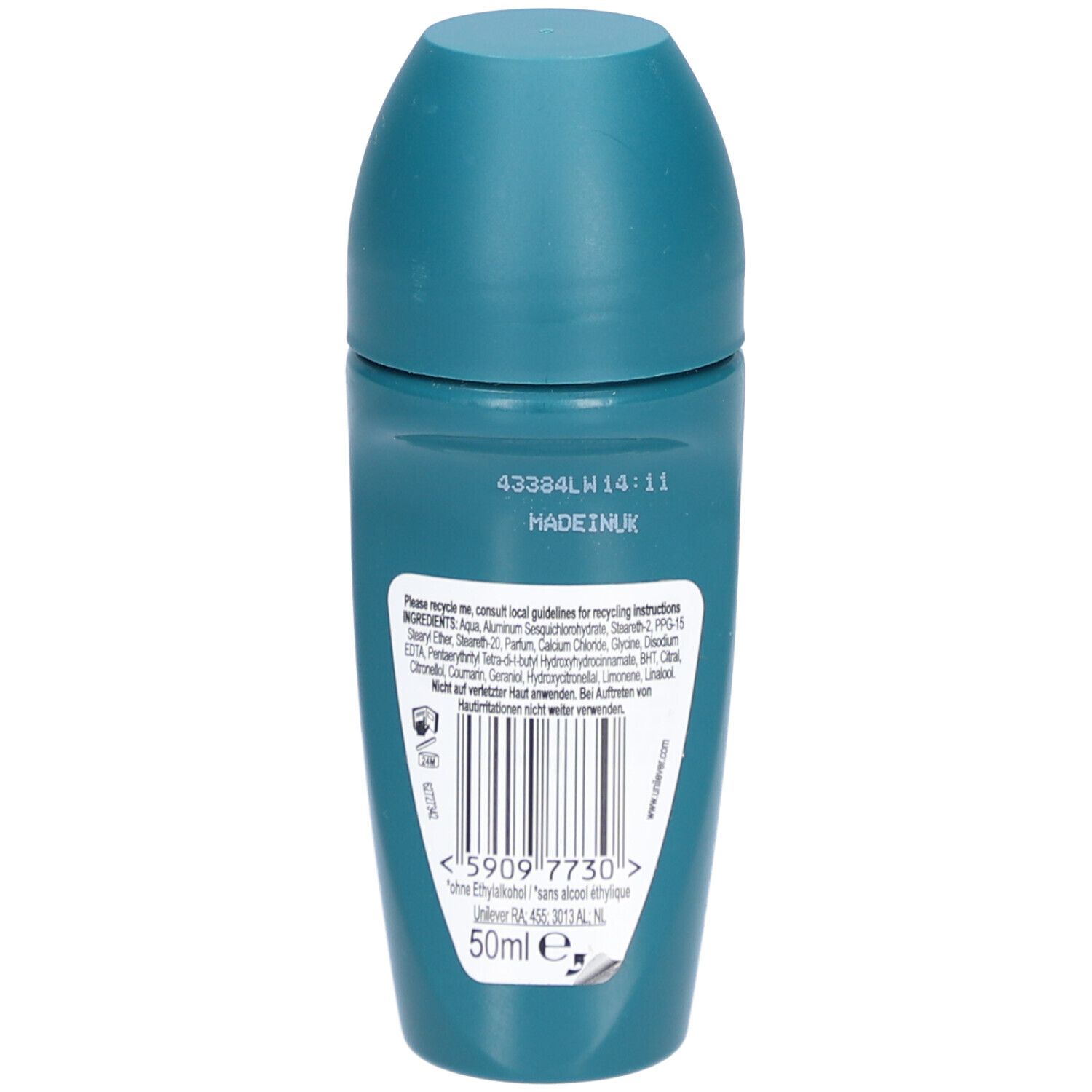 Rückseite eines blau-grünen Roll-on-Deos. Barcode und Inhaltsstoffe. Aufschrift: 50ml.