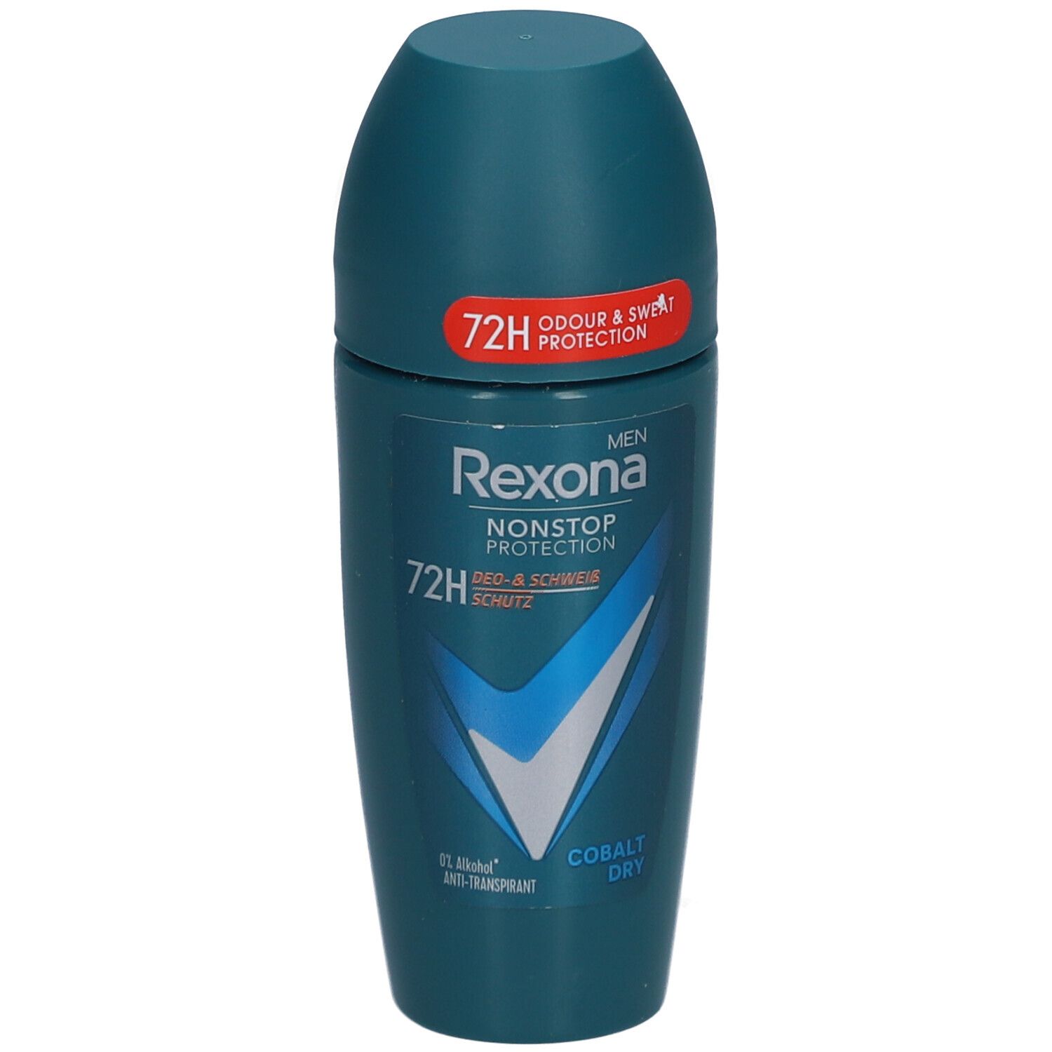Blau-grüner Roll-on-Deo. Aufschrift: Rexona Men, 72H, Cobalt Dry. Oben: 72H Odour & Sweat Protection.