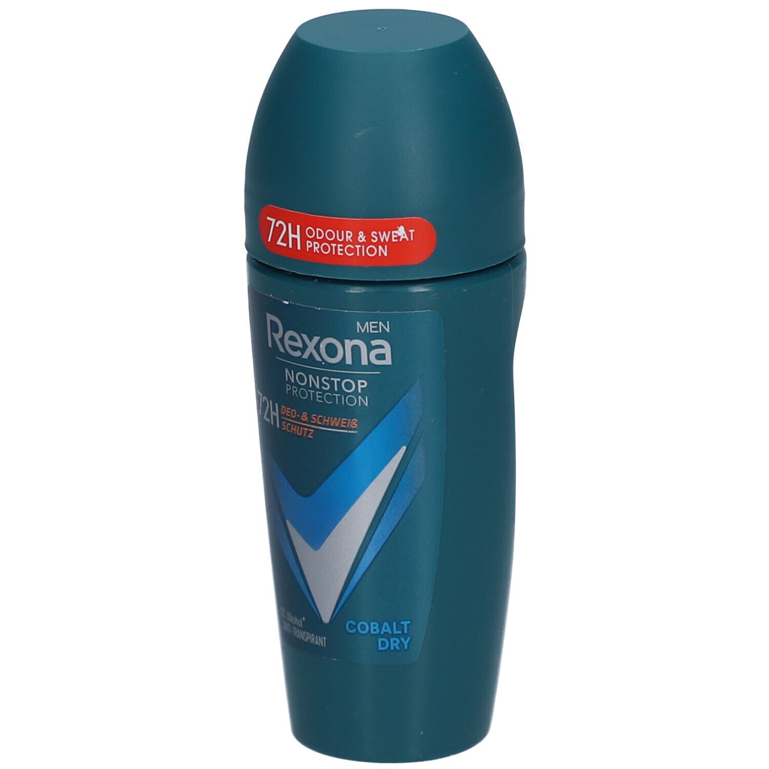 Blau-grüner Roll-on-Deo. Aufschrift: Rexona Men, 72H, Cobalt Dry. Oben: 72H Odour & Sweat Protection.