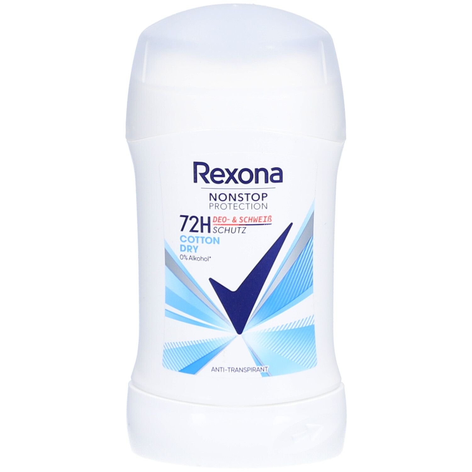 Weißer Deostick mit blauem Logo und Schriftzug. Enthält "72H" und "Cotton Dry".