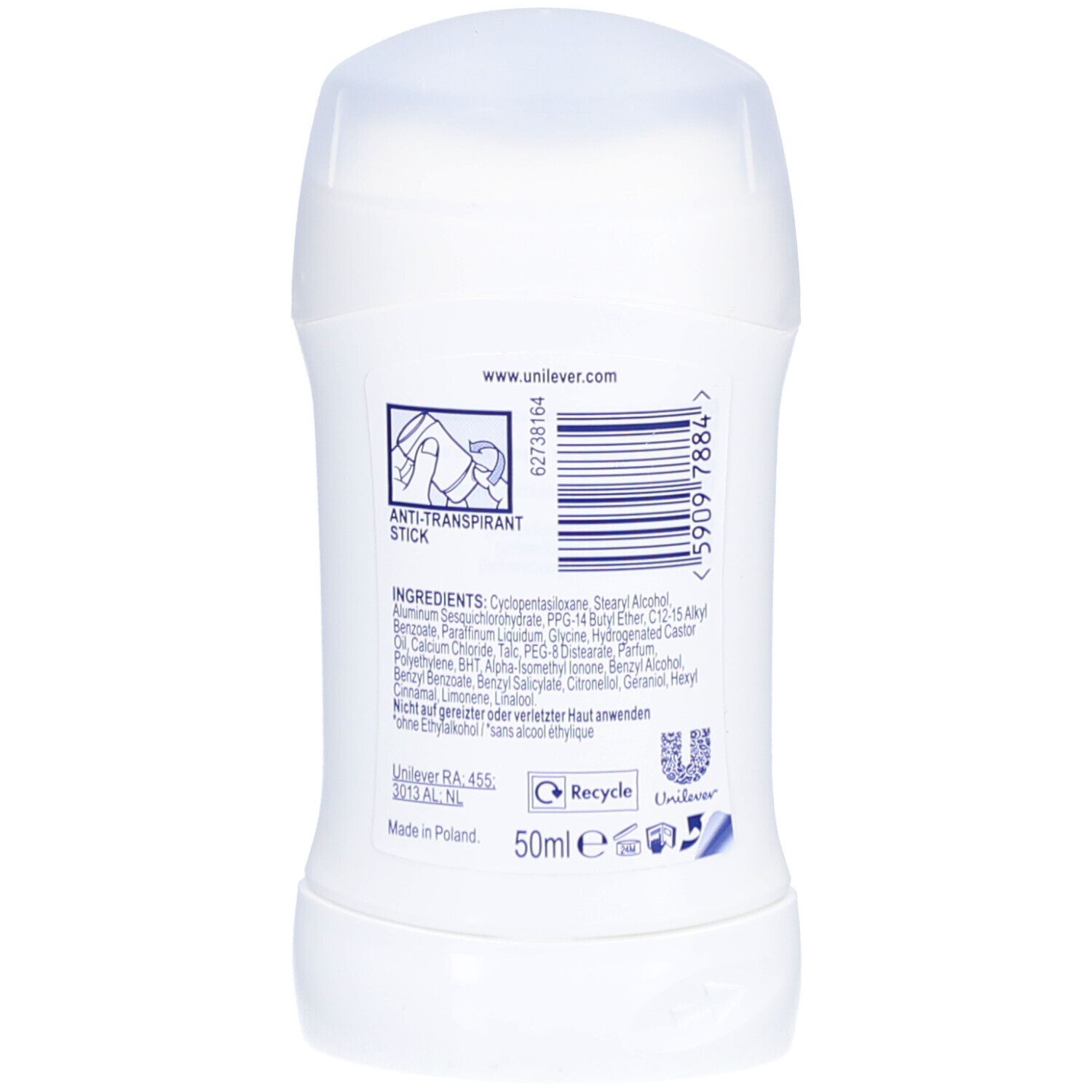 Rückseite eines weißen Deosticks. Enthält Inhaltsstoffe, Barcode und Unilever-Logo.