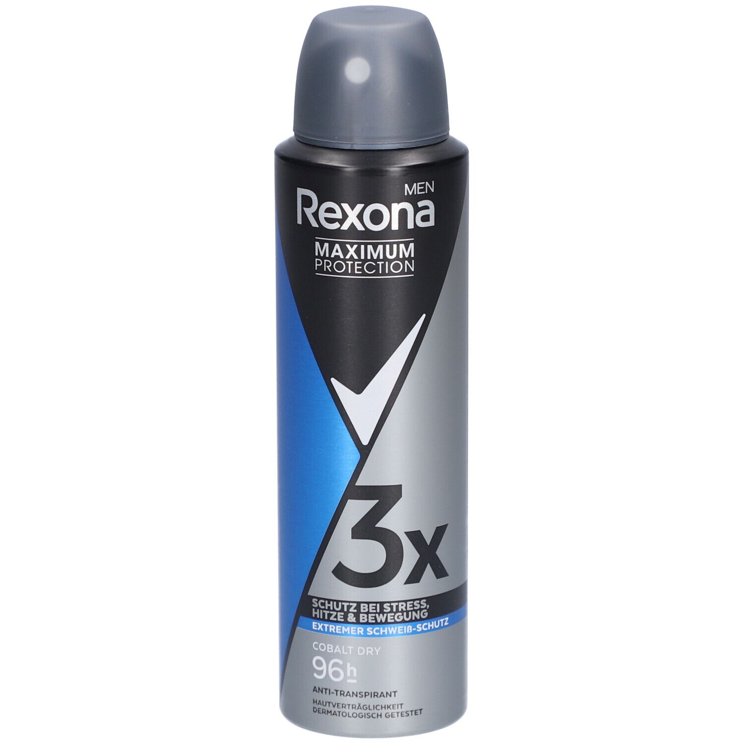 Deospray für Männer. Schwarz, blau und silberfarben. Mit Sprühkopf. Text: Rexona, Maximum Protection, 3x, Cobalt Dry, 96h.