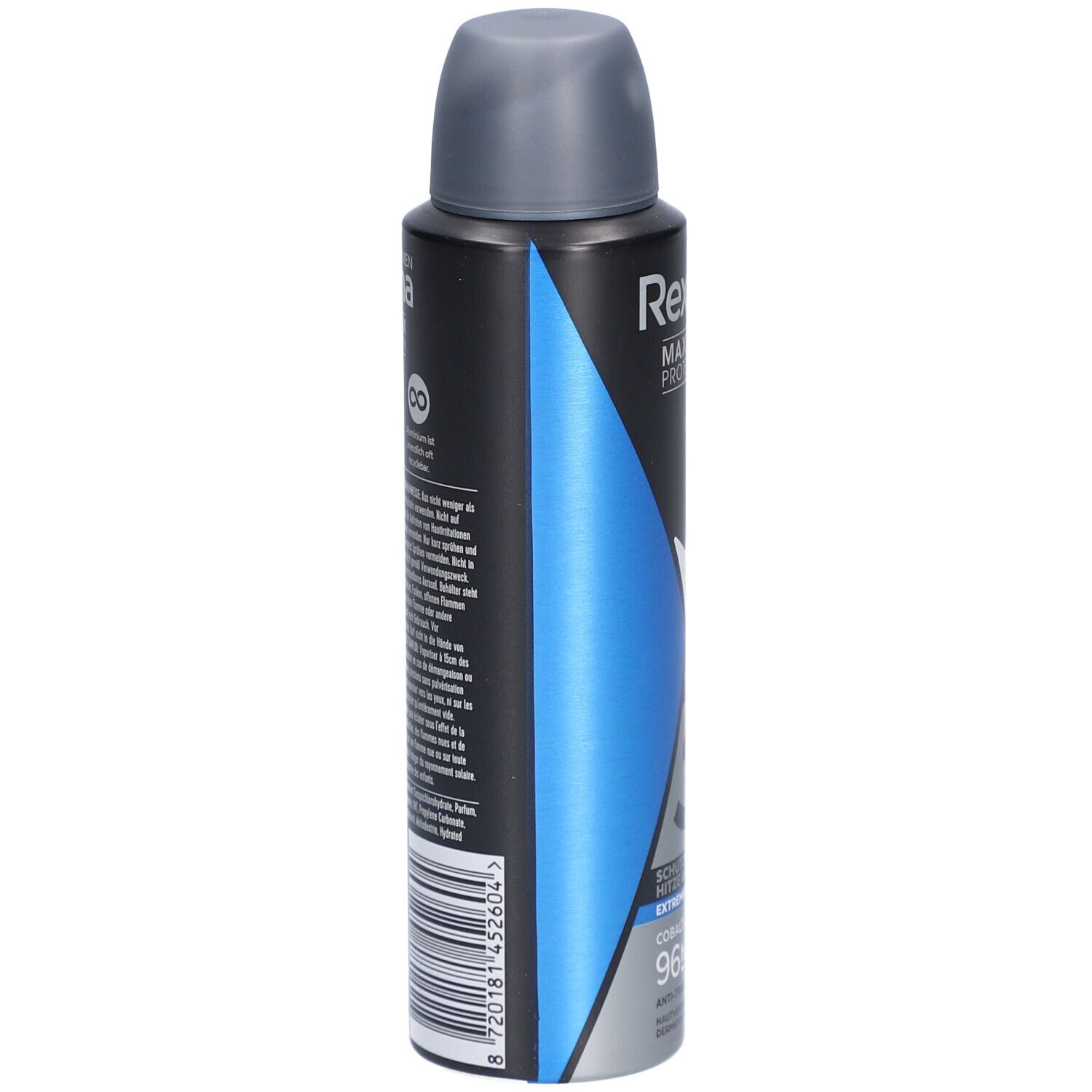 Deospray für Männer. Schwarz, blau und silberfarben. Mit Text und Barcode. Text: Rexona, Maximum Protection, Cobalt Dry, 96h.