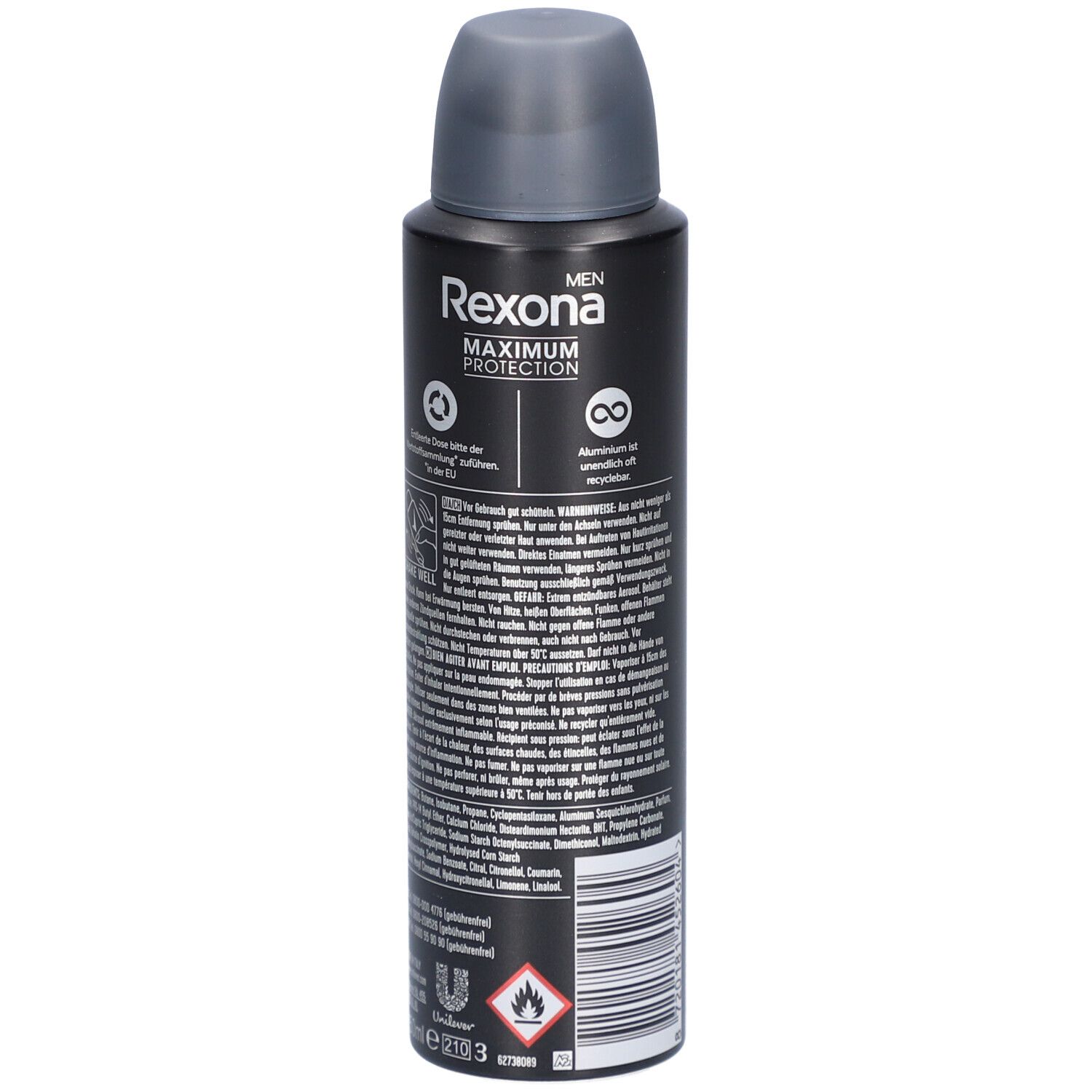 Deospray für Männer. Schwarz, blau und silberfarben. Rückseite mit Text und Symbolen. Text: Rexona, Maximum Protection, Aluminiumfrei.