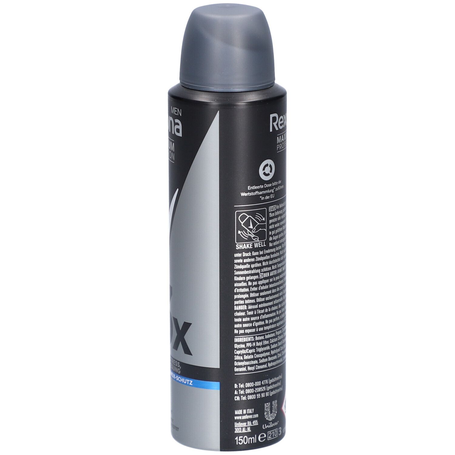 Deospray für Männer. Schwarz, blau und silberfarben. Rückseite mit Text und Symbolen. Text: Rexona, Maximum Protection, 150ml.
