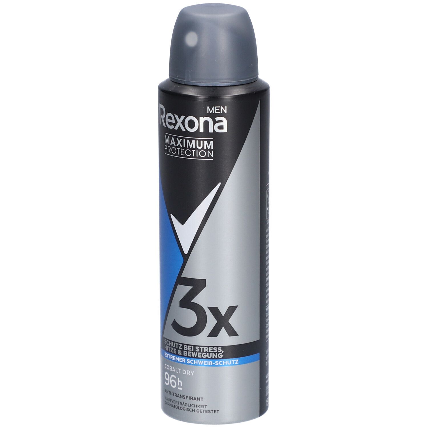 Deospray für Männer. Schwarz, blau und silberfarben. Mit Sprühkopf. Text: Rexona, Maximum Protection, 3x, Cobalt Dry, 96h.