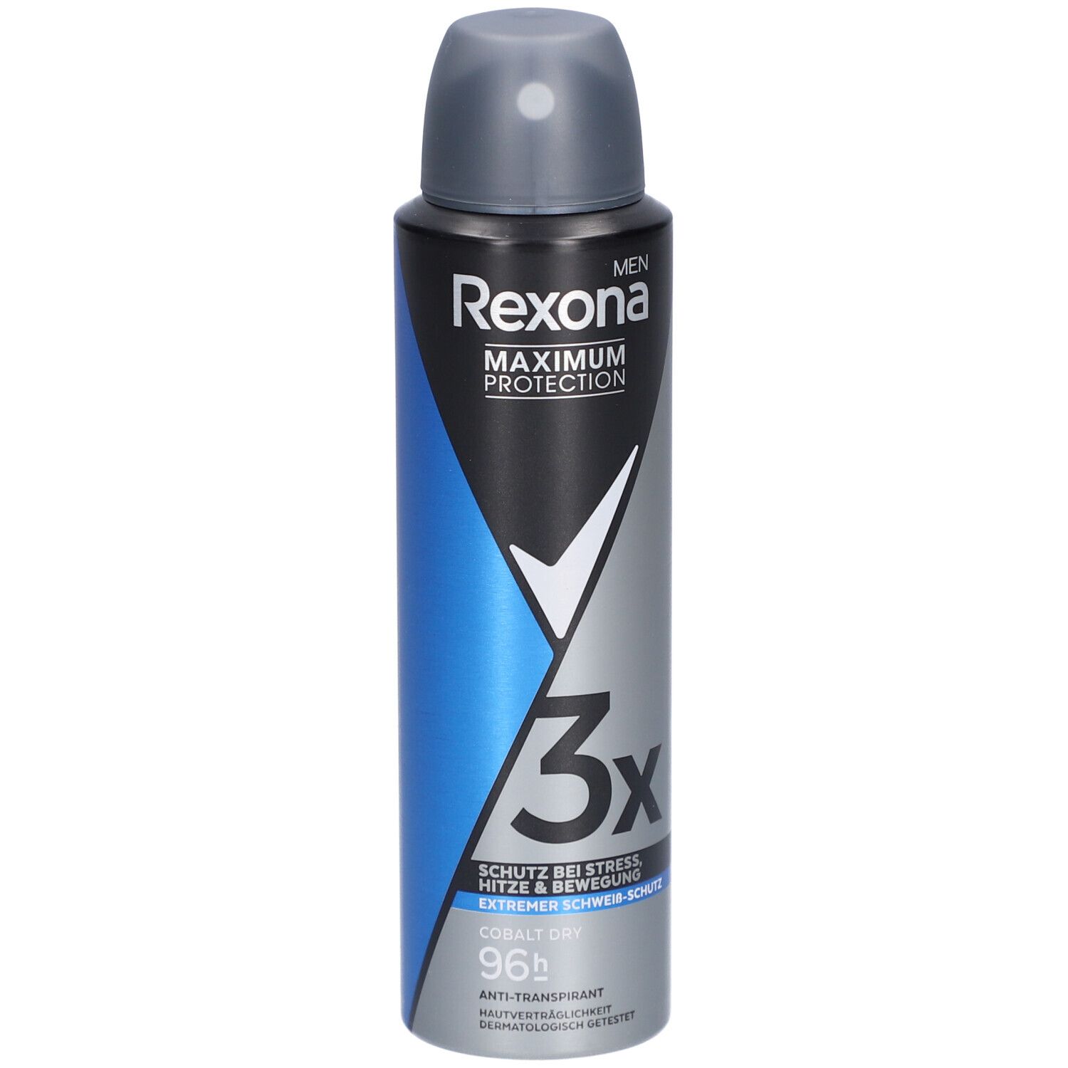 Deospray für Männer. Schwarz, blau und silberfarben. Mit Sprühkopf. Text: Rexona, Maximum Protection, 3x, Cobalt Dry, 96h.