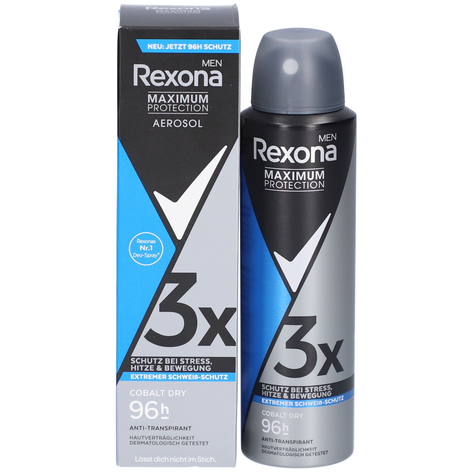 Deospray und Verpackung. Schwarz, blau und silberfarben. Text: Rexona, Maximum Protection, Aerosol, 3x, Cobalt Dry, 96h.