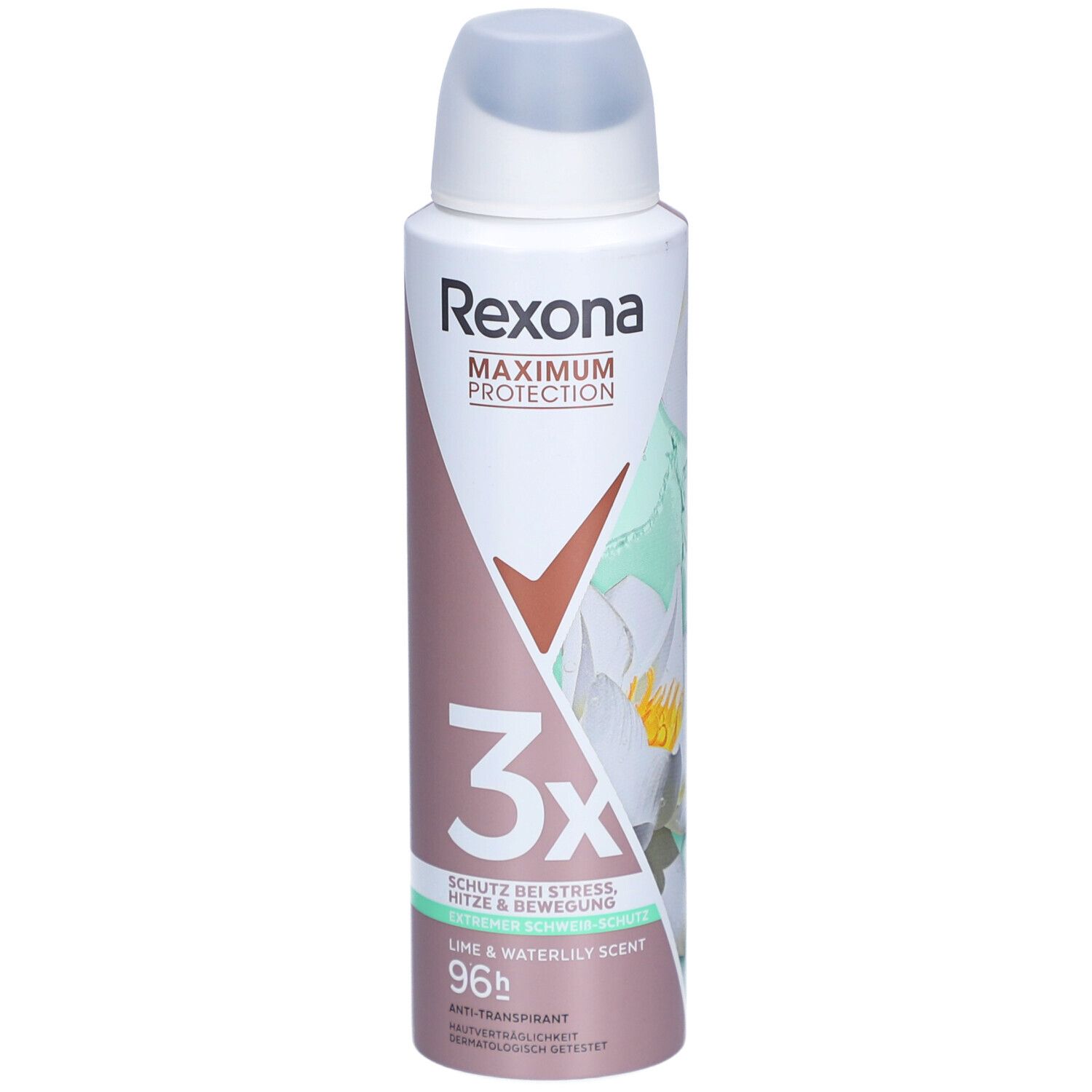 Spray Rexona®. Bouteille blanche et rose avec tête de pulvérisation. Inscription: Rexona, Maximum Protection, 3x Protection, Lime & Waterlily Scent, 96h.