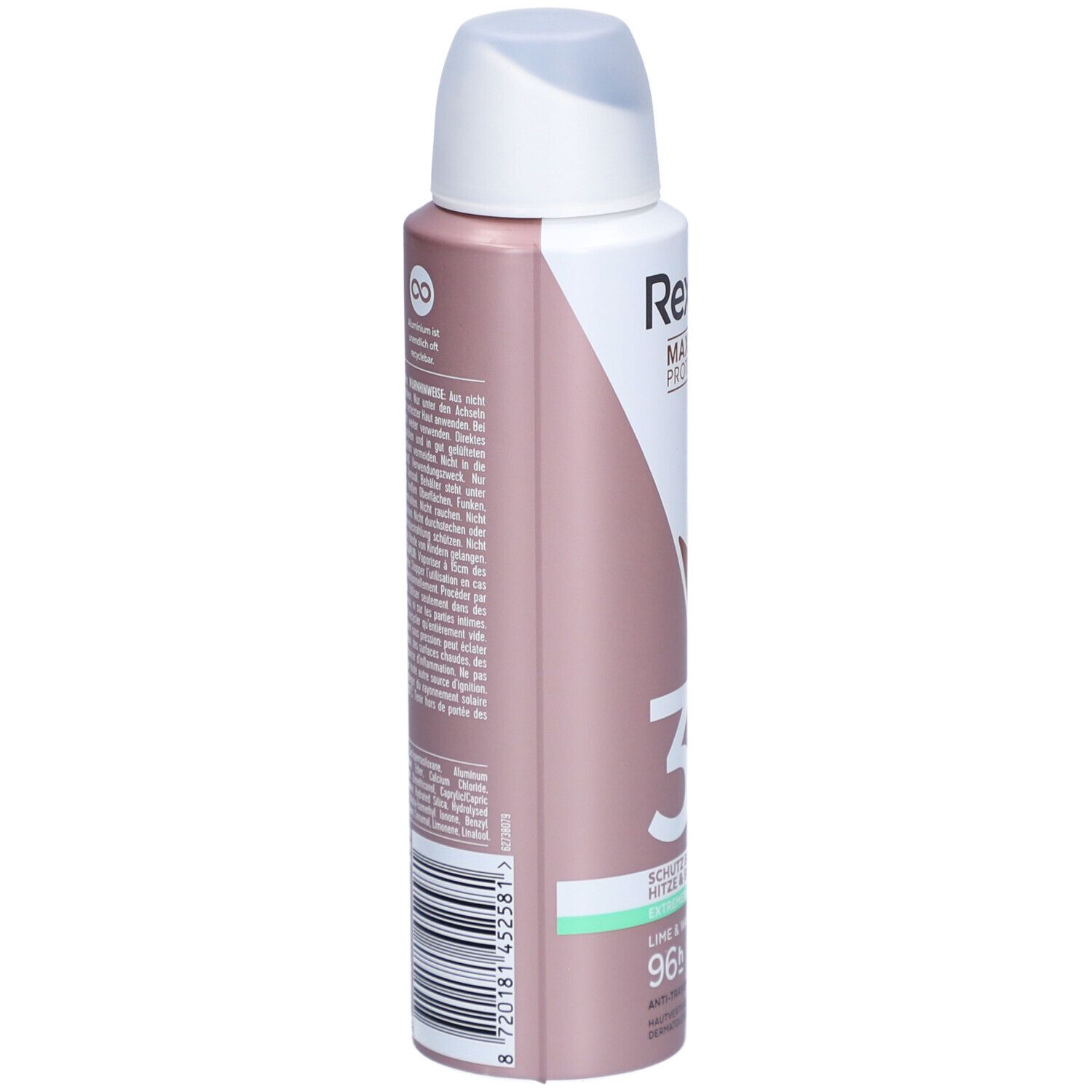 Spray Rexona®. Dos de la bouteille. Texte en plusieurs langues. Code-barres et symboles de recyclage.