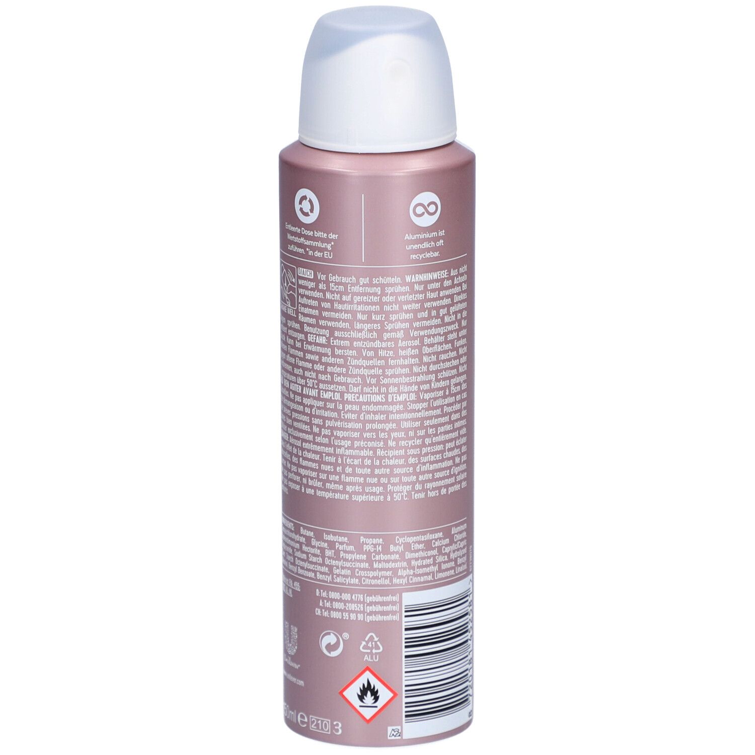 Spray Rexona®. Dos de la bouteille. Texte en plusieurs langues. Avertissements et symboles de recyclage.