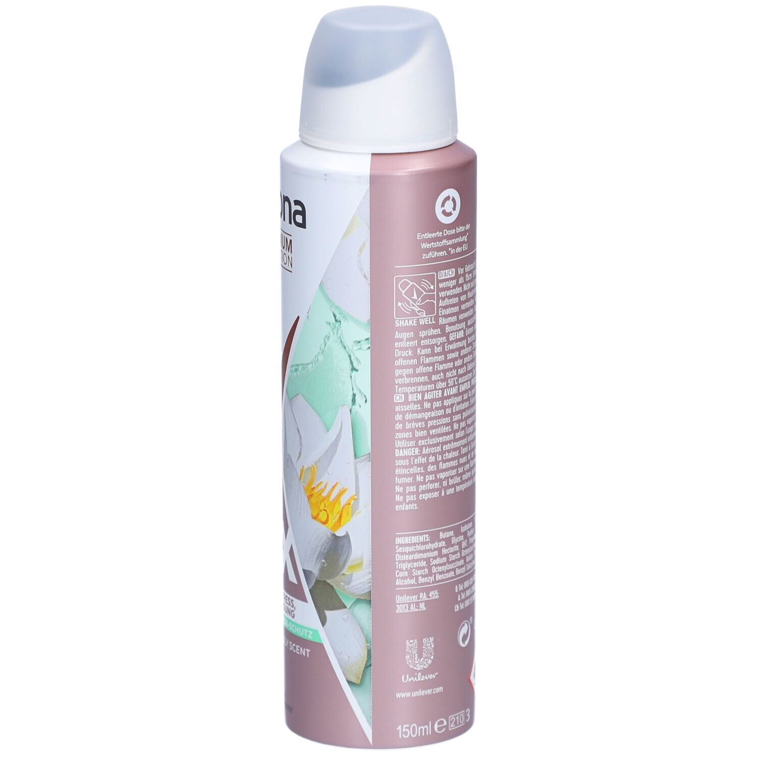 Spray Rexona®. Bouteille avec tête de pulvérisation. Texte en plusieurs langues. Symboles de recyclage et ingrédients.
