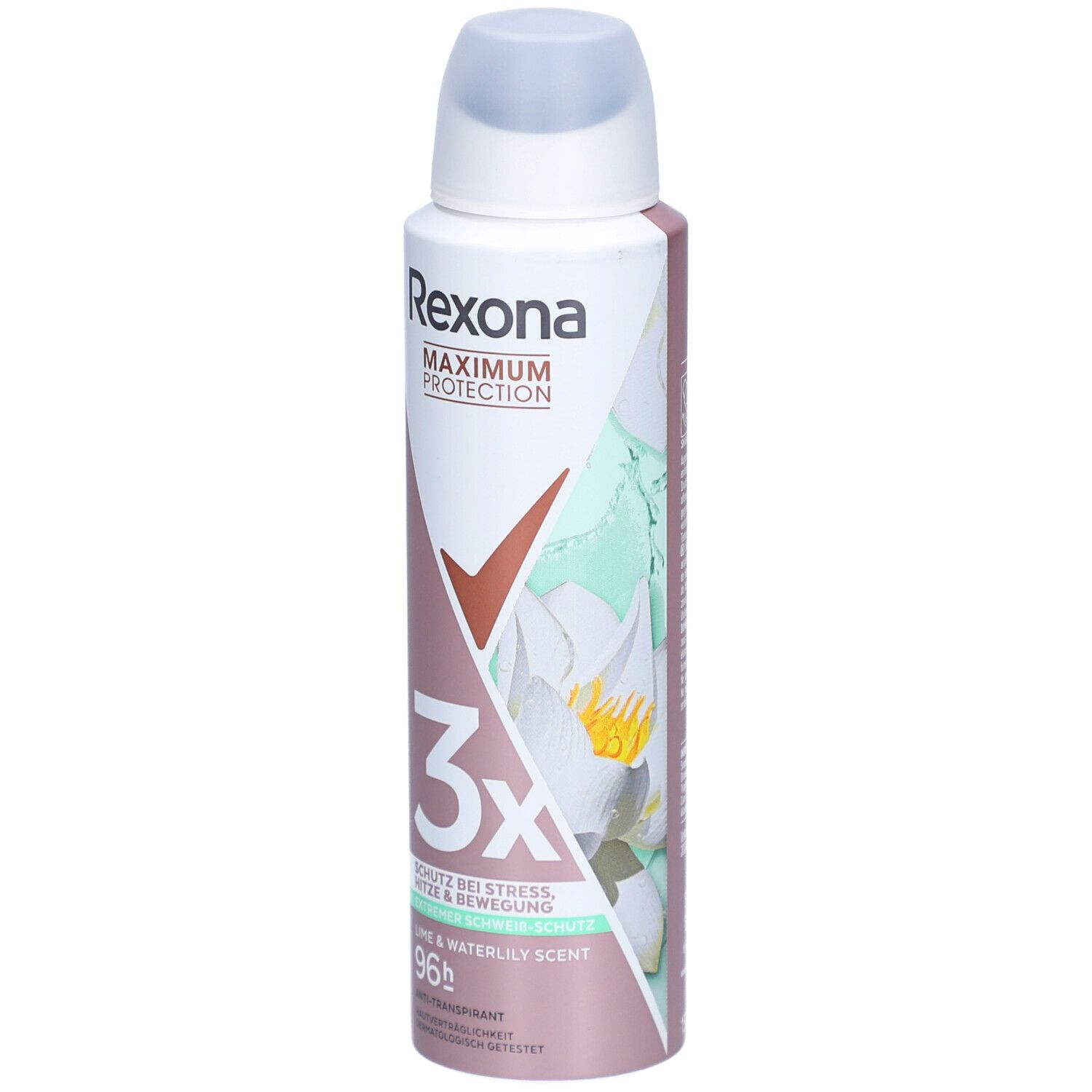 Spray Rexona®. Bouteille blanche et rose avec tête de pulvérisation. Inscription: Rexona, Maximum Protection, 3x Protection, Lime & Waterlily Scent, 96h.