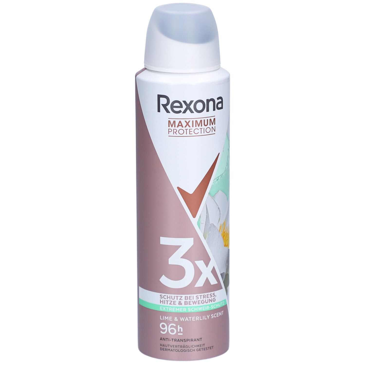 Spray Rexona®. Bouteille blanche et rose avec tête de pulvérisation. Inscription: Rexona, Maximum Protection, 3x Protection, Lime & Waterlily Scent, 96h.