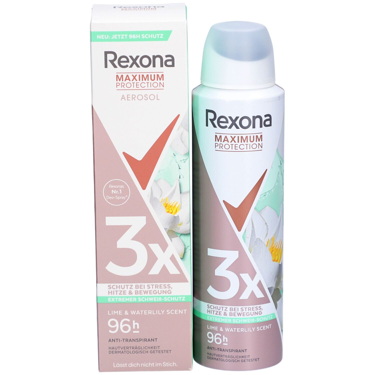 Spray Rexona® et emballage. Bouteille et carton. Inscription: Rexona, Maximum Protection, 3x Protection, Lime & Waterlily Scent, 96h.