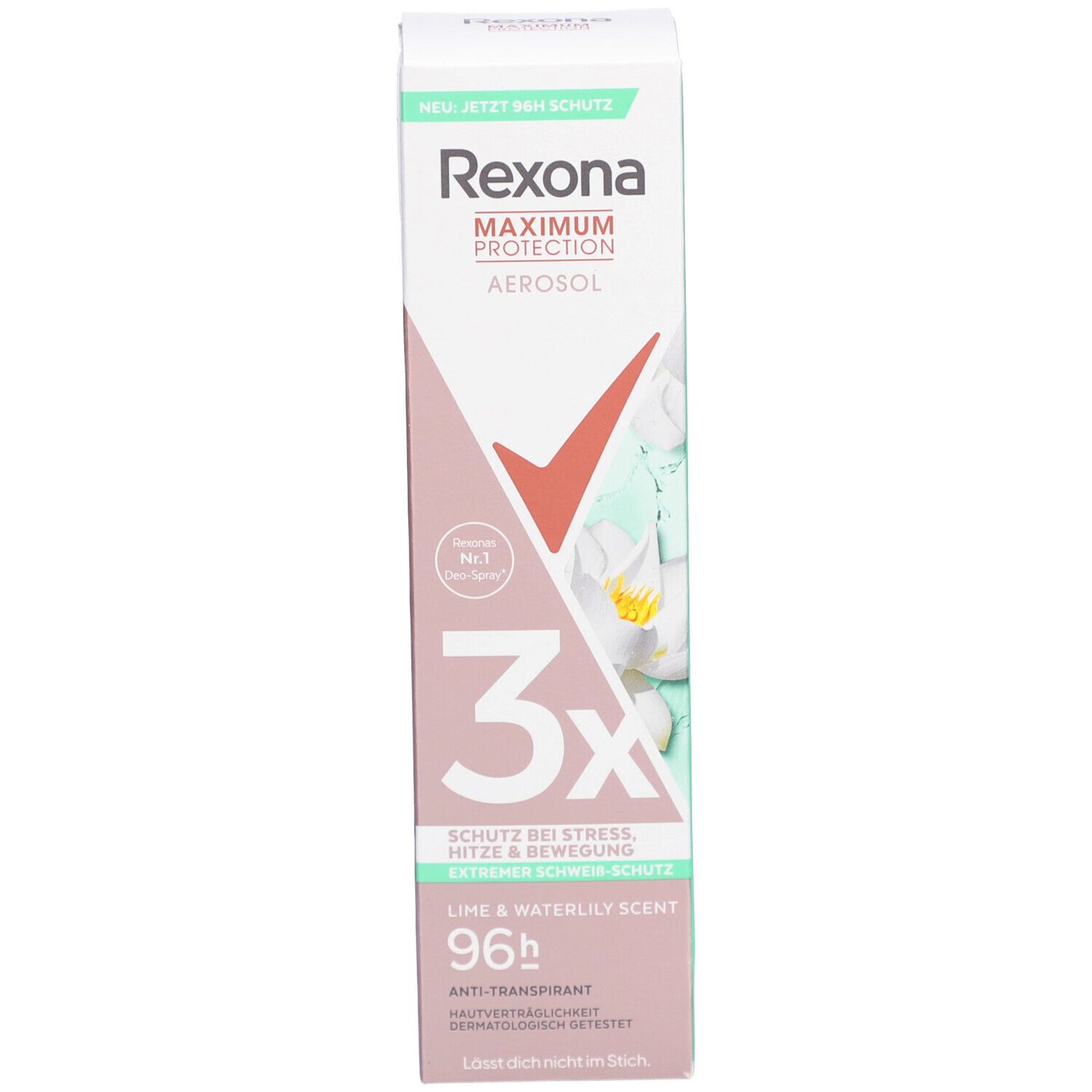 Emballage du spray Rexona®. Carton. Inscription: Rexona, Maximum Protection, 3x Protection, Lime & Waterlily Scent, 96h.