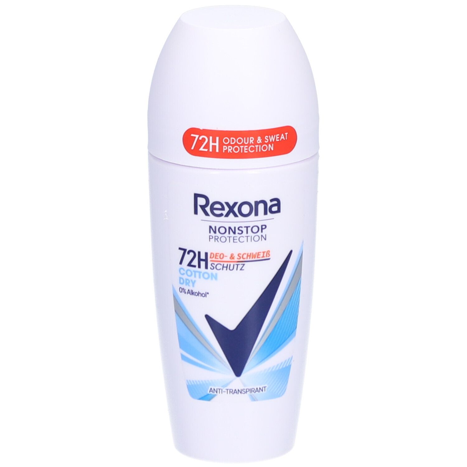 Weißer Roll-on-Deo mit blauem und schwarzem Design. Text: Rexona, Nonstop Protection, 72H, Cotton Dry, 0% Alkohol. Roter Aufkleber: 72H Odour & Sweat Protection.