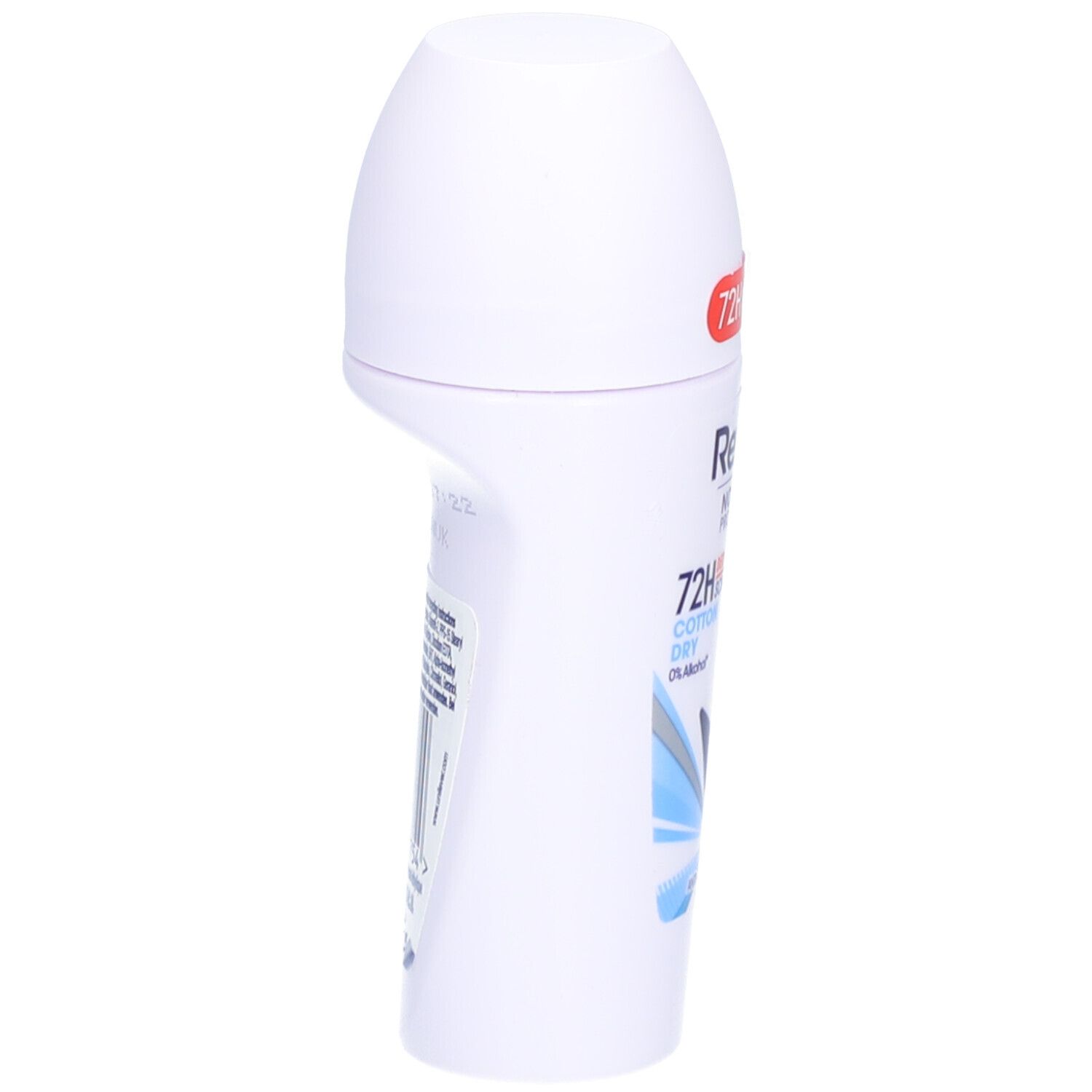 Weißer Roll-on-Deo, Seitenansicht. Text: Rexona, 72H, Cotton Dry. Aufkleber: 72H Odour & Sweat Protection. Barcode und Text auf der Rückseite.