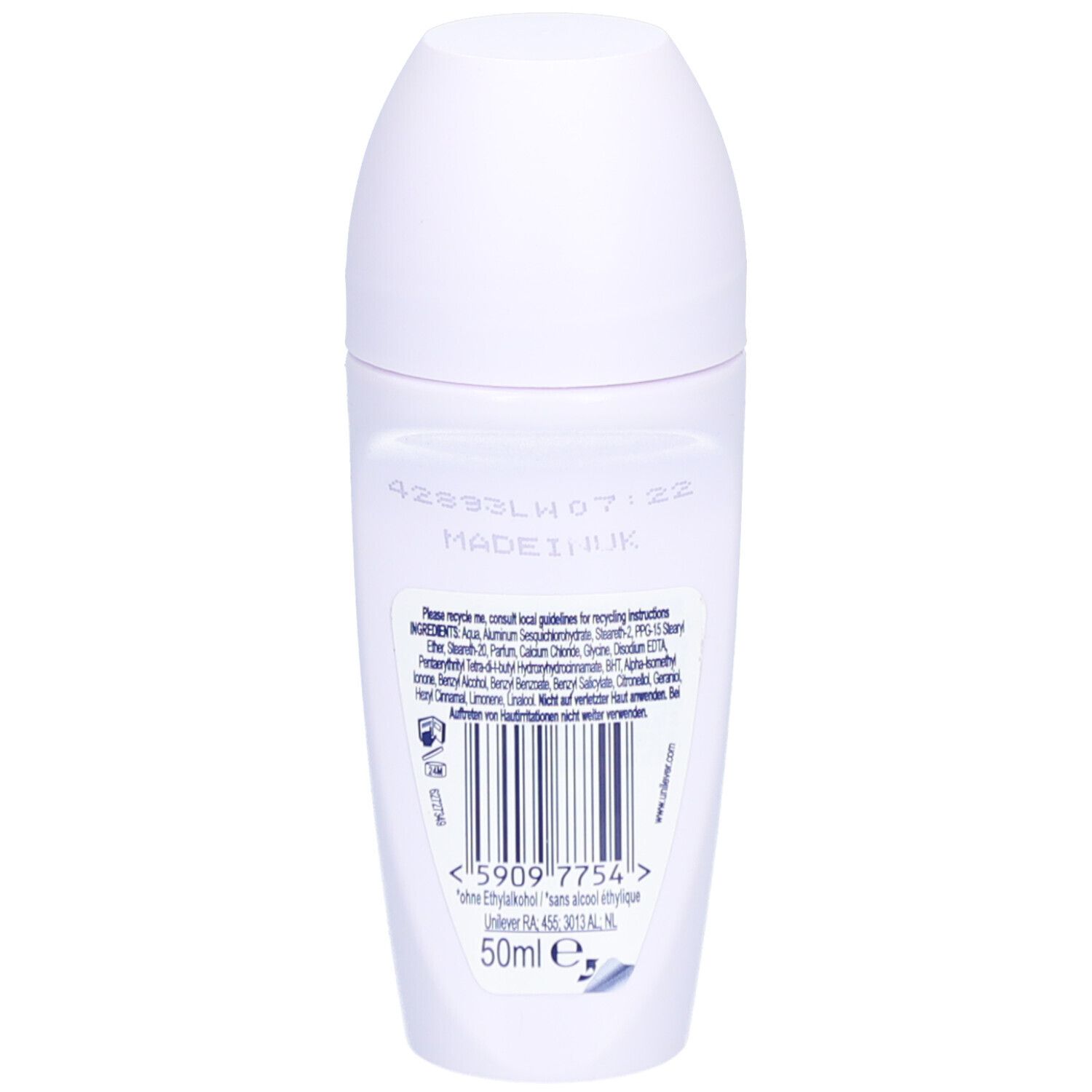 Rückseite eines weißen Roll-on-Deos. Text: Inhaltsstoffe, Barcode, 50ml e. Hergestellt in UK. Unilever-Logo.