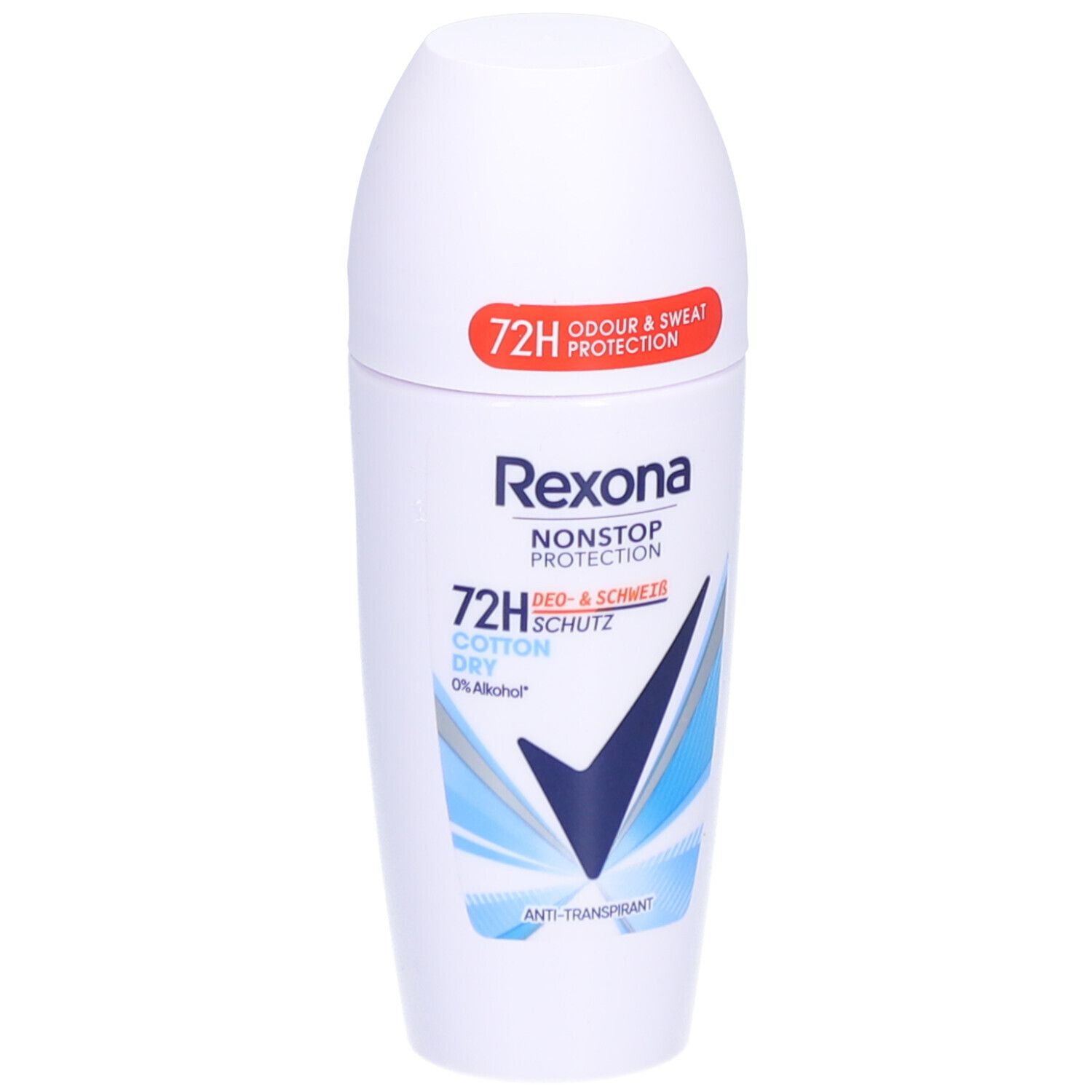 Weißer Roll-on-Deo mit blauem und schwarzem Design. Text: Rexona, Nonstop Protection, 72H, Cotton Dry, 0% Alkohol. Roter Aufkleber: 72H Odour & Sweat Protection.