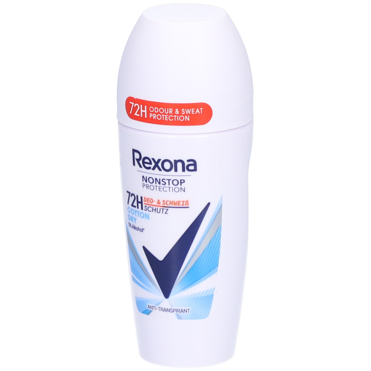 Weißer Roll-on-Deo mit blauem und schwarzem Design. Text: Rexona, Nonstop Protection, 72H, Cotton Dry, 0% Alkohol. Roter Aufkleber: 72H Odour & Sweat Protection.