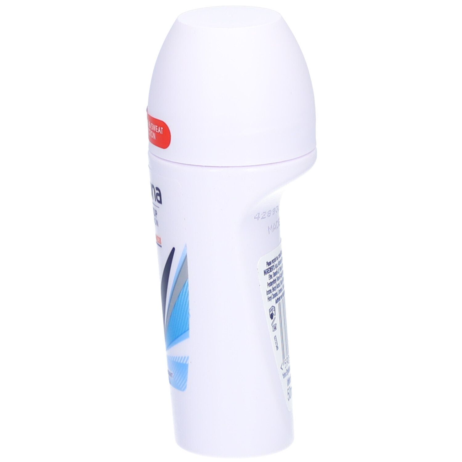 Weißer Roll-on-Deo, Seitenansicht. Text: Rexona, 72H, Cotton Dry. Aufkleber: 72H Odour & Sweat Protection. Barcode und Text auf der Rückseite.