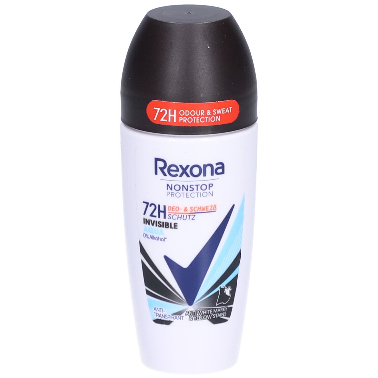 Weißer Roll-on-Deo mit schwarzem Deckel. Text: Rexona, Nonstop Protection, 72H, Invisible. Blaue und schwarze Grafik.