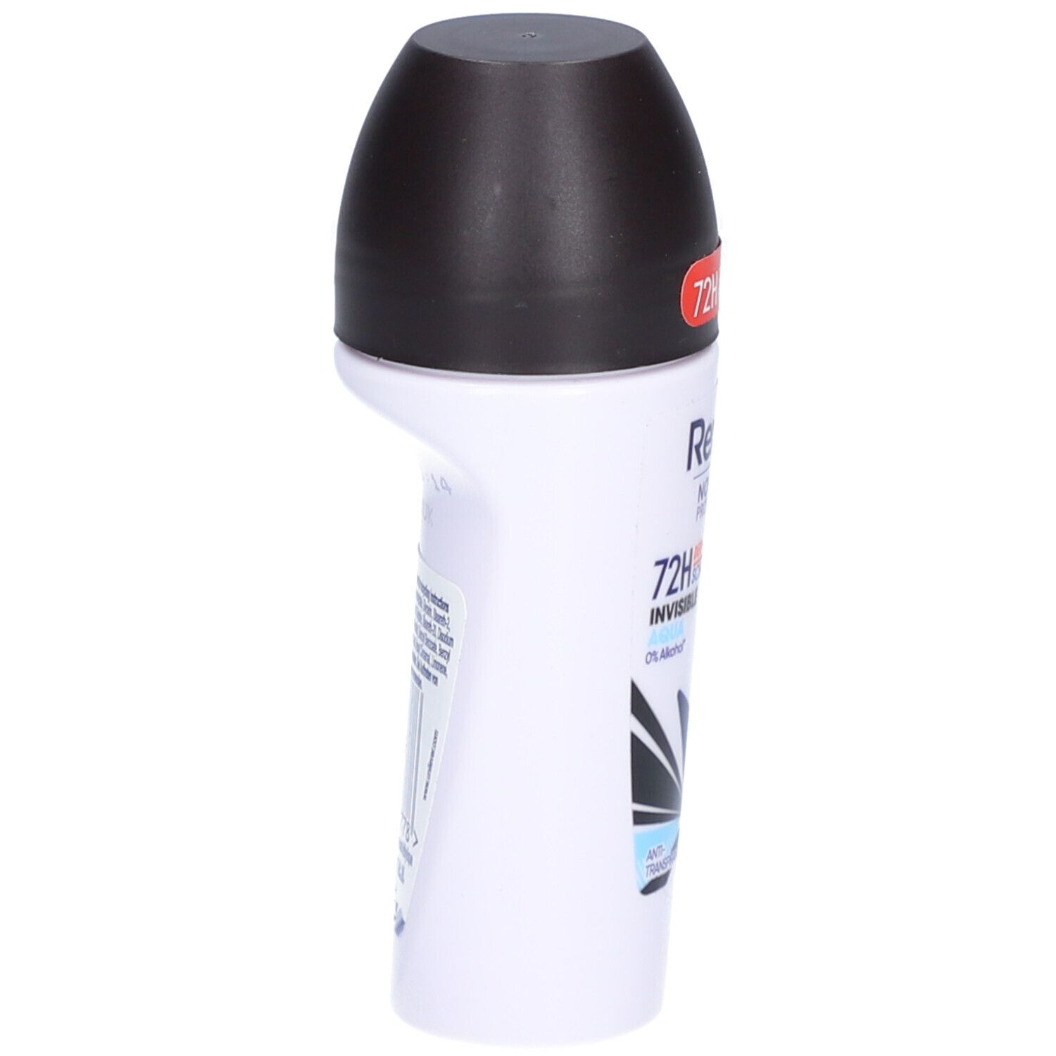 Weißer Roll-on-Deo mit schwarzem Deckel. Seitenansicht. Text: Rexona, 72H, Invisible. Etikett mit Informationen.
