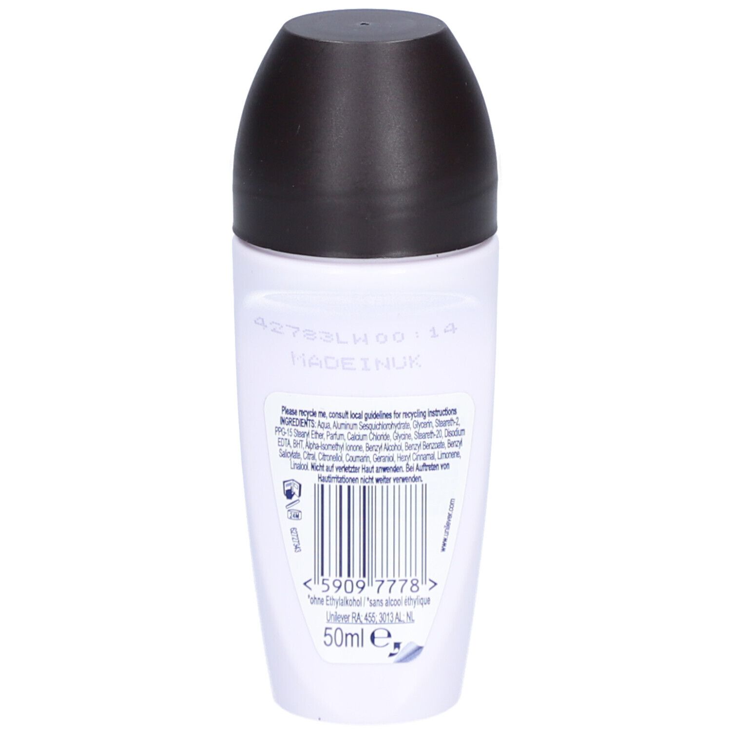 Rückseite eines weißen Roll-on-Deos mit schwarzem Deckel. Text und Barcode. Informationen zu Inhaltsstoffen und Recycling.