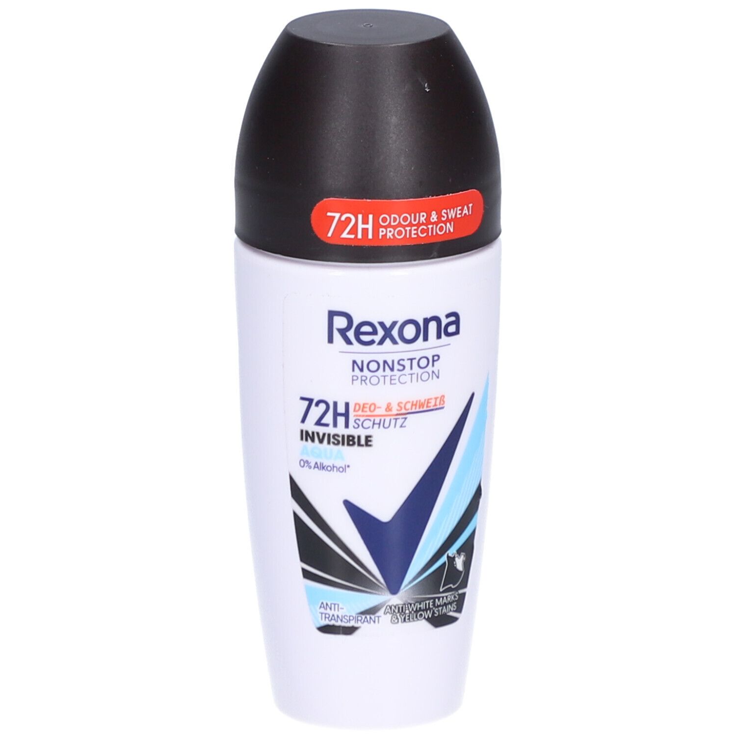 Weißer Roll-on-Deo mit schwarzem Deckel. Text: Rexona, Nonstop Protection, 72H, Invisible. Blaue und schwarze Grafik.